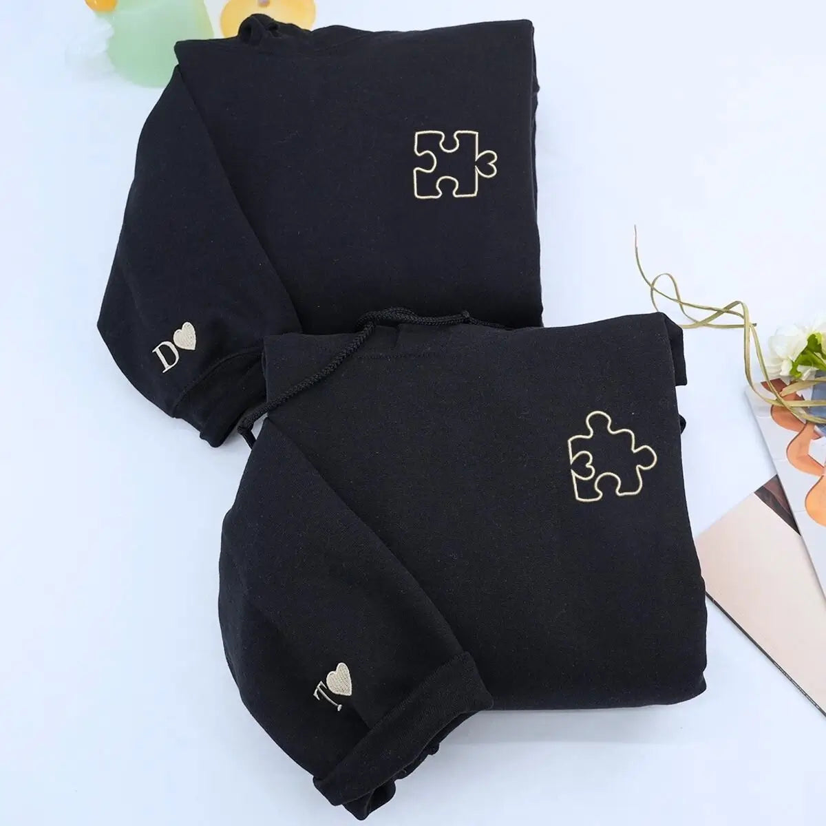 Heart Puzzle Hoodie or Sweatshirt, Custom Embroidered Valentine Gift For Wife Husband