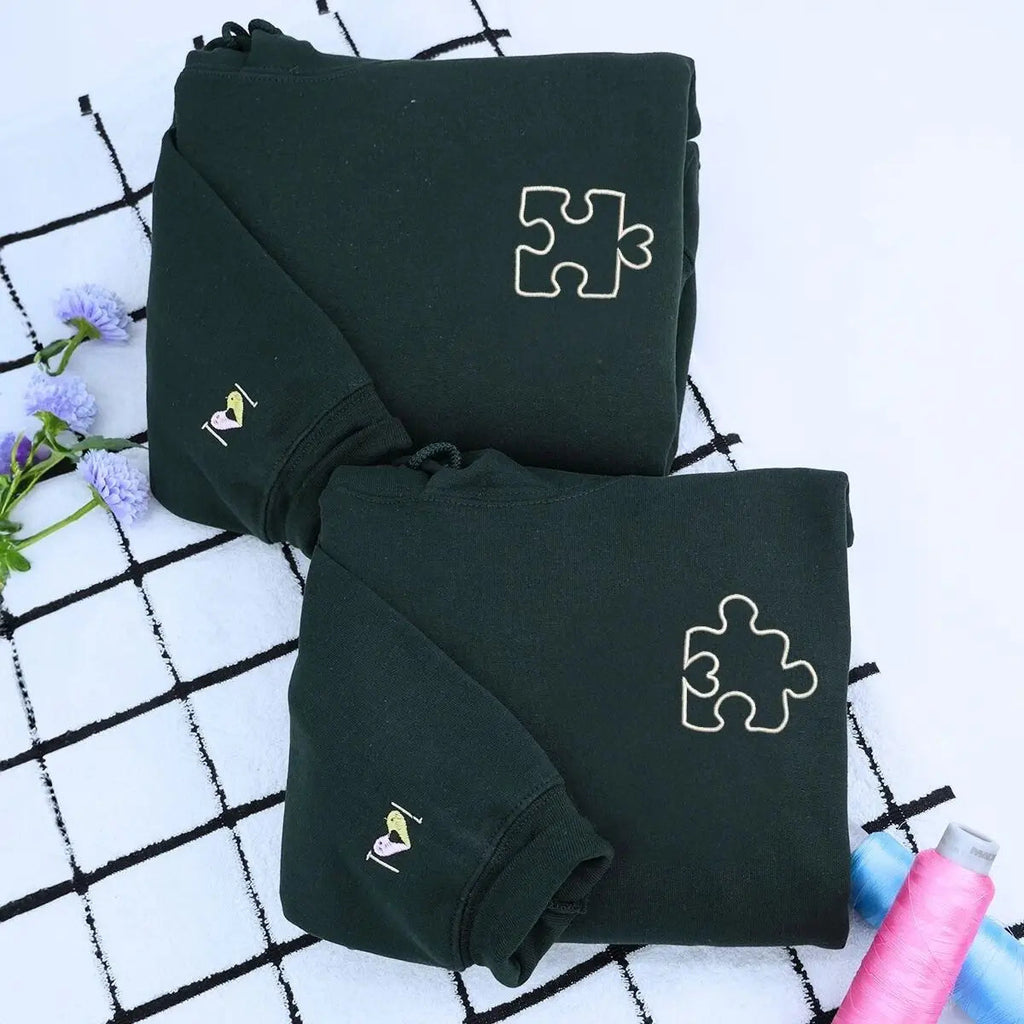 Heart Puzzle Hoodie or Sweatshirt, Custom Embroidered Valentine Gift For Wife Husband