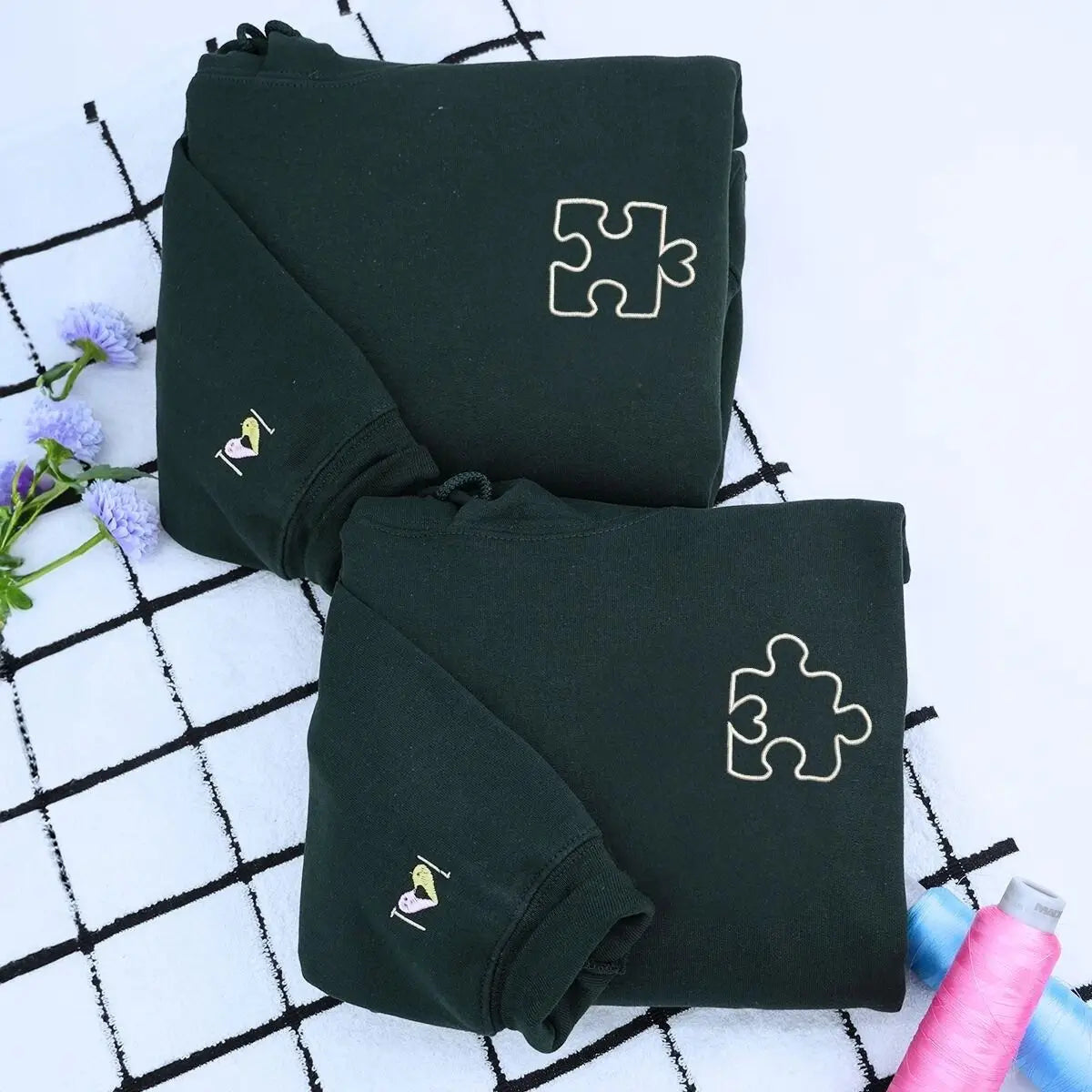 Heart Puzzle Hoodie or Sweatshirt, Custom Embroidered Valentine Gift For Wife Husband