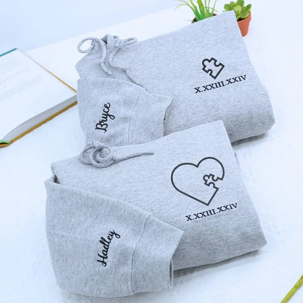 Heart Puzzle Hoodie or Sweatshirt, Custom Embroidered Valentine Gift For Wife Husband