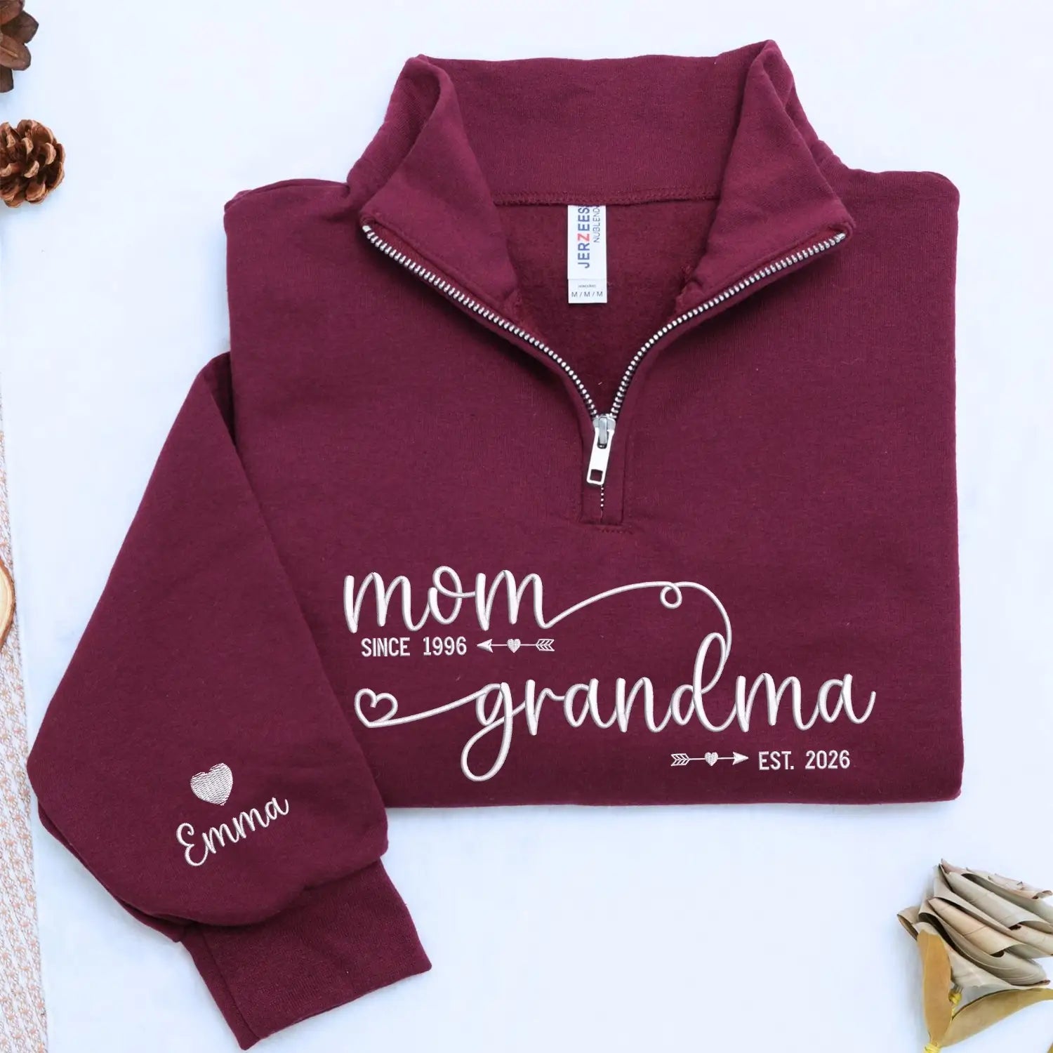 Custom Embroidered Mom to Grandma EST Quarter Zip Sweatshirt, Mothers Day Gift for New Grandma from Daughter