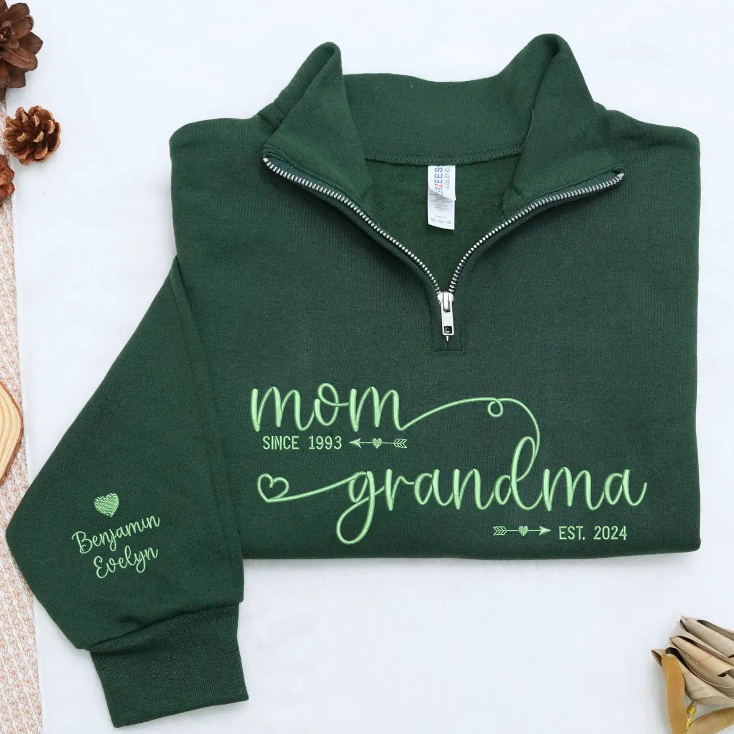 Custom Embroidered Mom to Grandma EST Quarter Zip Sweatshirt, Mothers Day Gift for New Grandma from Daughter