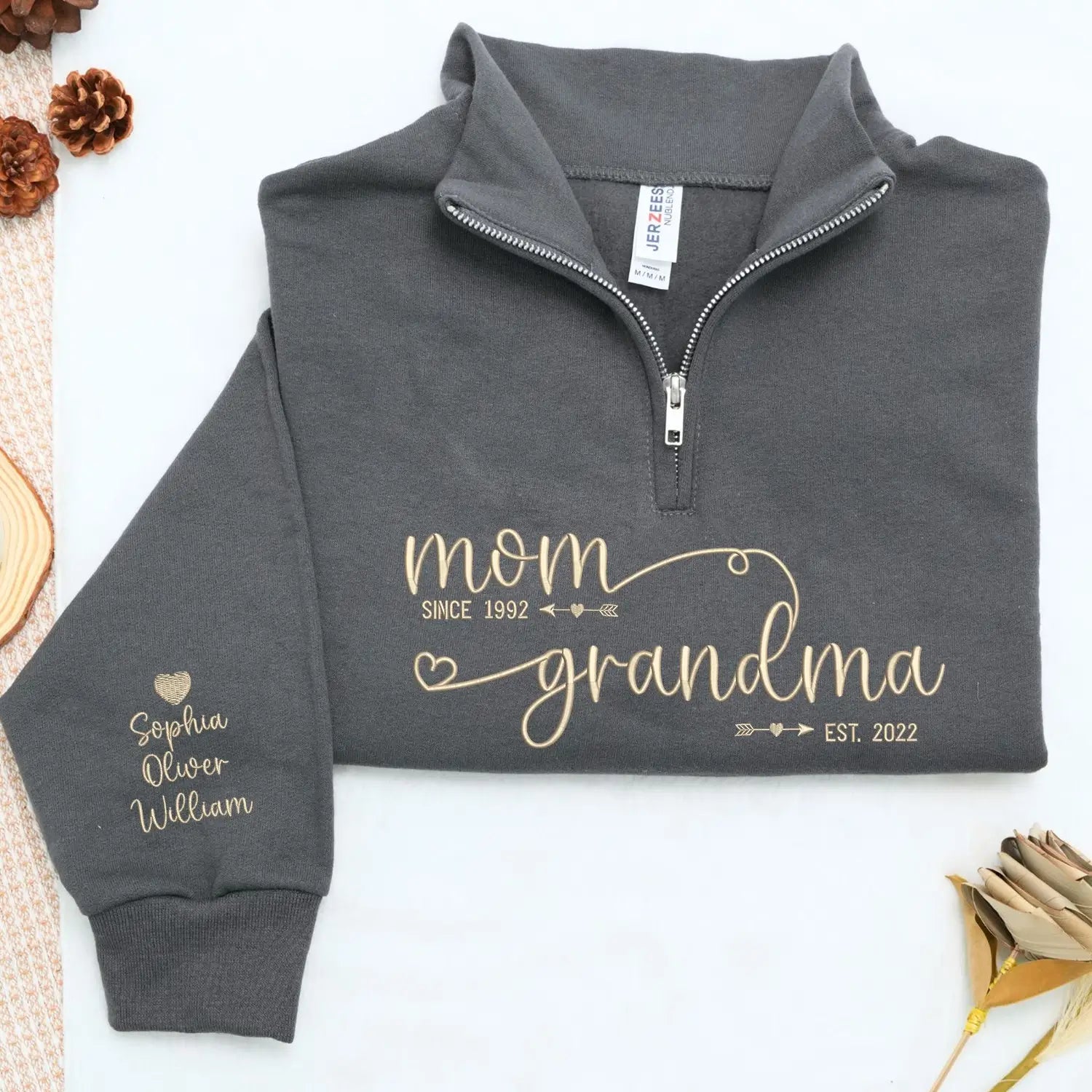 Custom Embroidered Mom to Grandma EST Quarter Zip Sweatshirt, Mothers Day Gift for New Grandma from Daughter