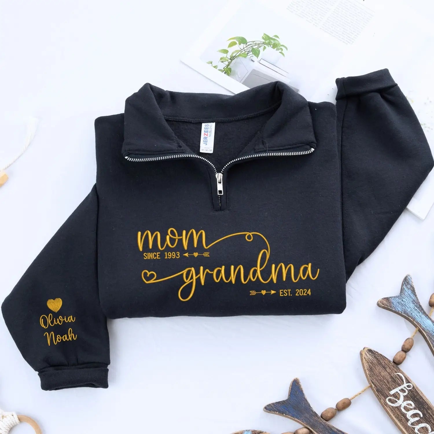 Custom Embroidered Mom to Grandma EST Quarter Zip Sweatshirt, Mothers Day Gift for New Grandma from Daughter