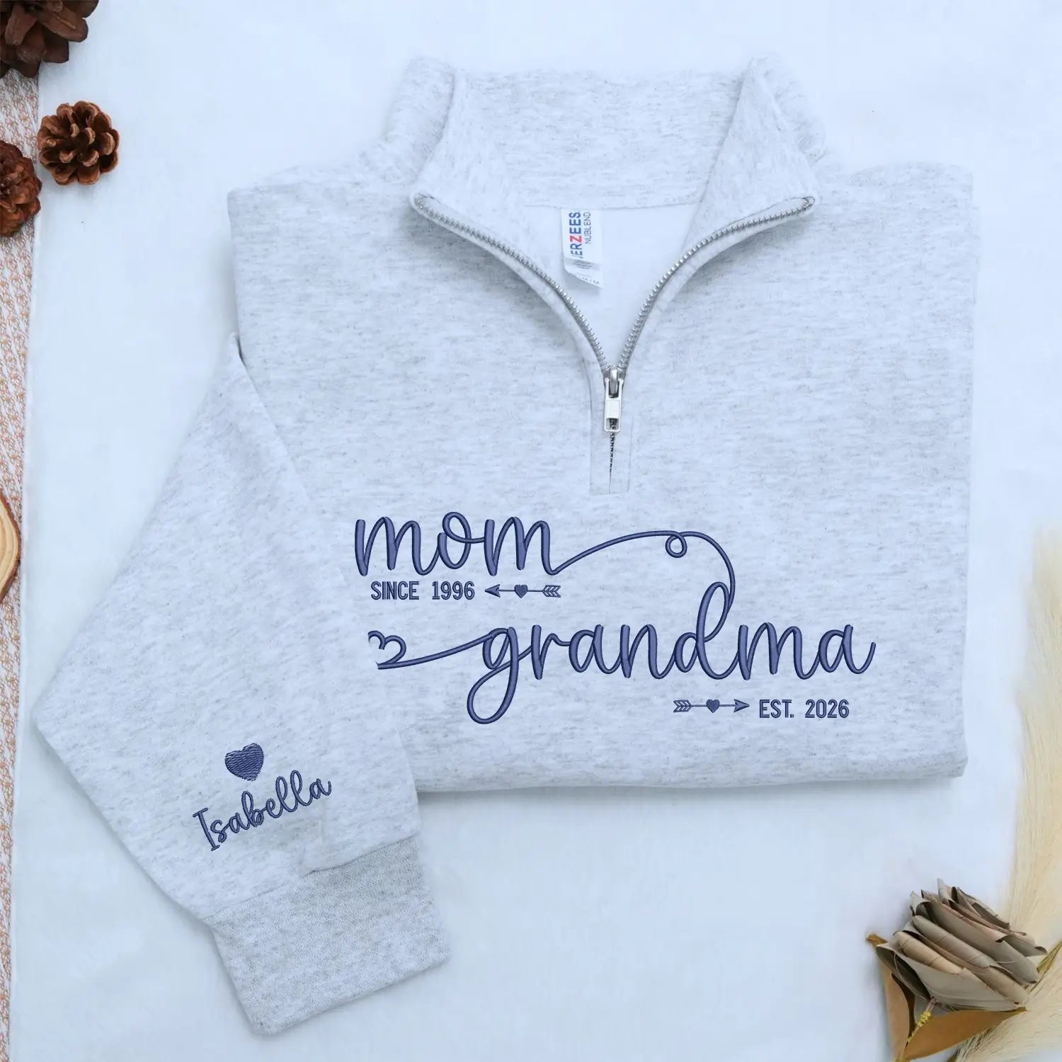 Custom Embroidered Mom to Grandma EST Quarter Zip Sweatshirt, Mothers Day Gift for New Grandma from Daughter