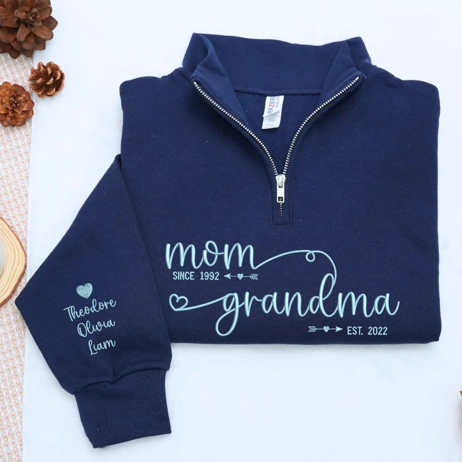 Custom Embroidered Mom to Grandma EST Quarter Zip Sweatshirt, Mothers Day Gift for New Grandma from Daughter