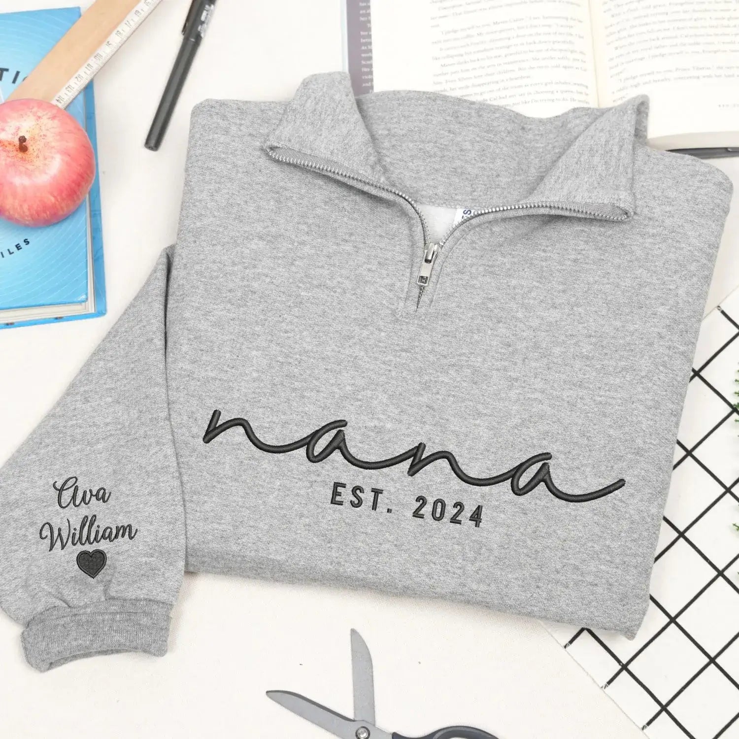 Custom Embroidered Nana Quarter Zip with Kids Name on Sleeve, Grandmother Mothers Day Gifts from Daughter