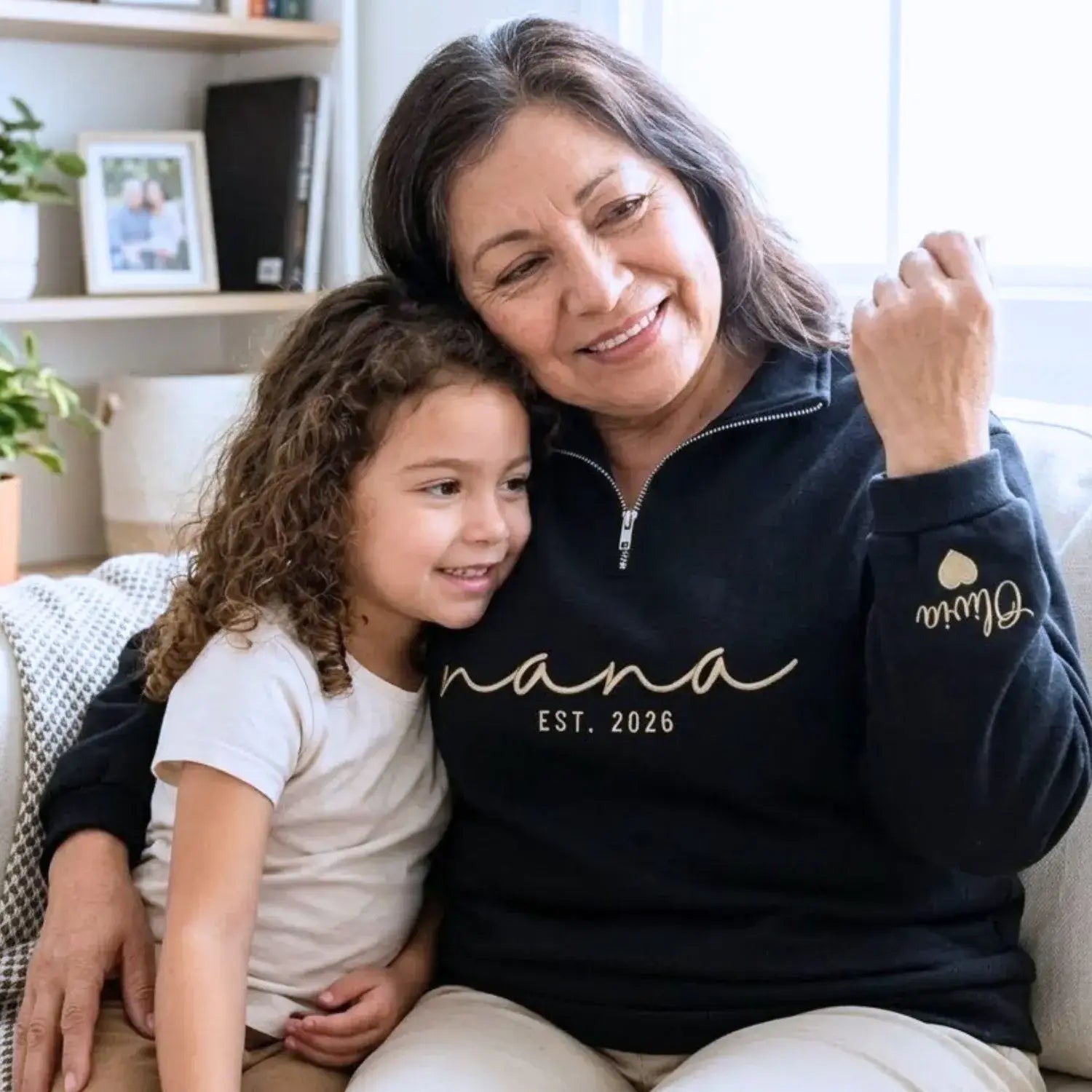 Custom Embroidered Nana Quarter Zip with Kids Name on Sleeve, Grandmother Mothers Day Gifts from Daughter