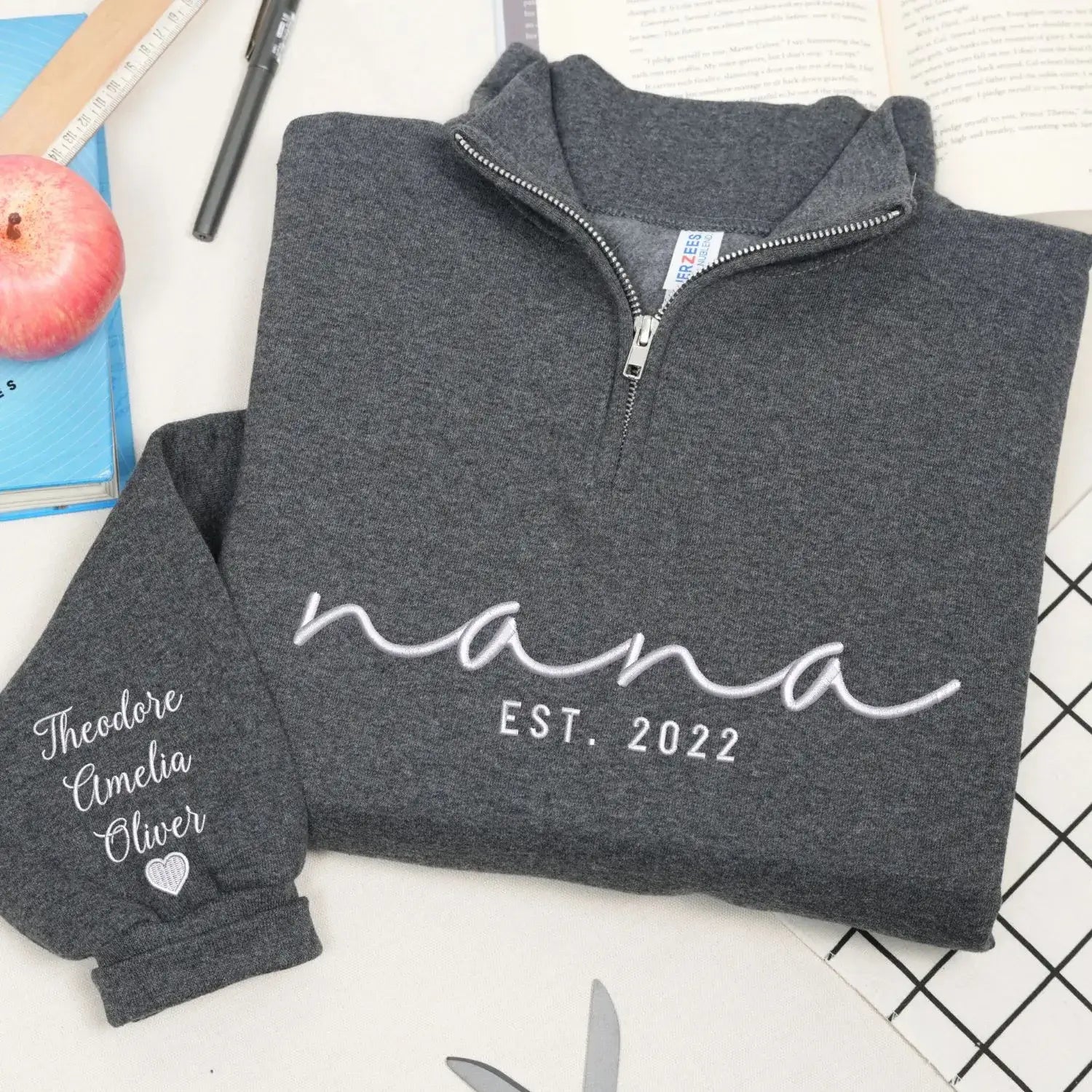 Custom Embroidered Nana Quarter Zip with Kids Name on Sleeve, Grandmother Mothers Day Gifts from Daughter
