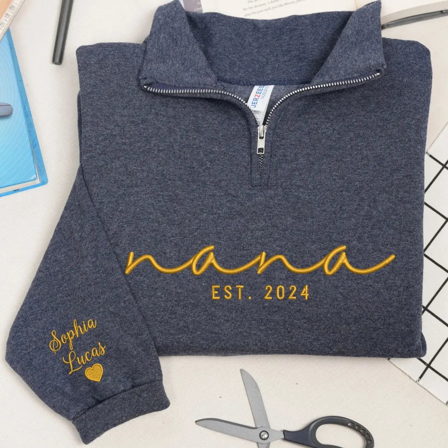Custom Embroidered Nana Quarter Zip with Kids Name on Sleeve, Grandmother Mothers Day Gifts from Daughter