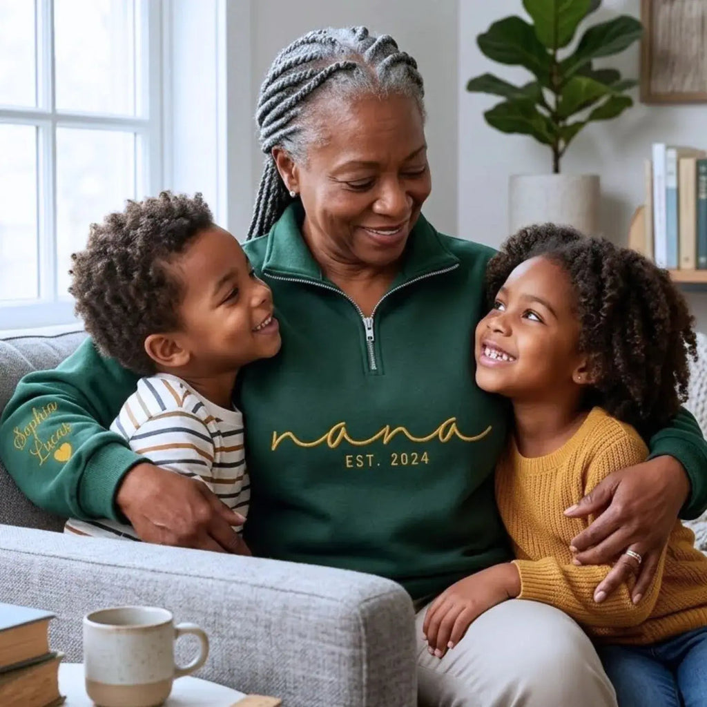 Custom Embroidered Nana Quarter Zip with Kids Name on Sleeve, Grandmother Mothers Day Gifts from Daughter