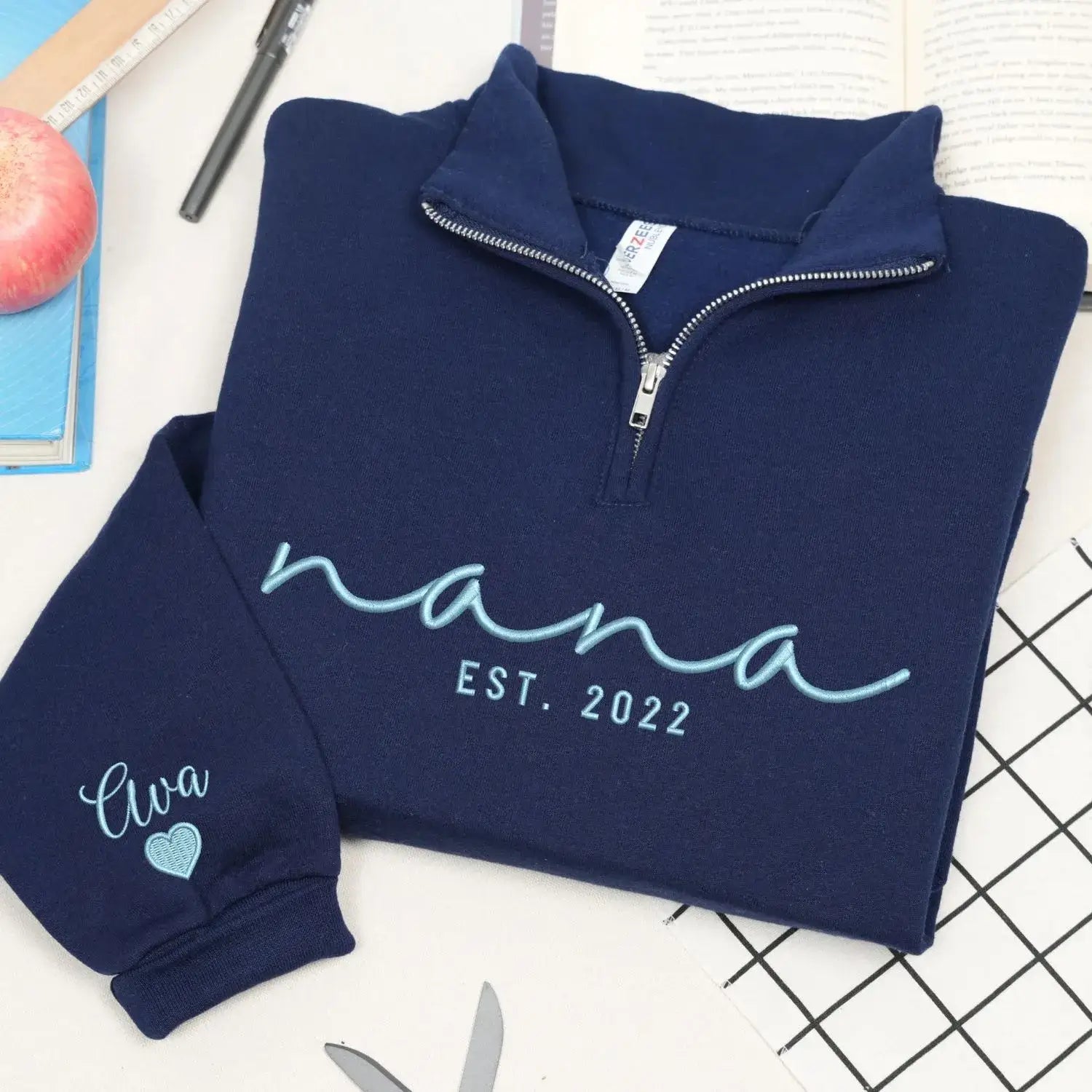 Custom Embroidered Nana Quarter Zip with Kids Name on Sleeve, Grandmother Mothers Day Gifts from Daughter