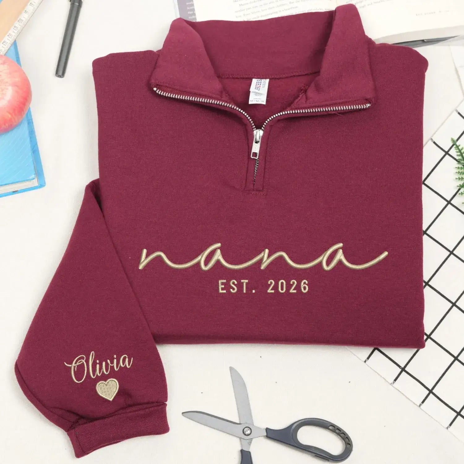 Custom Embroidered Nana Quarter Zip with Kids Name on Sleeve, Grandmother Mothers Day Gifts from Daughter