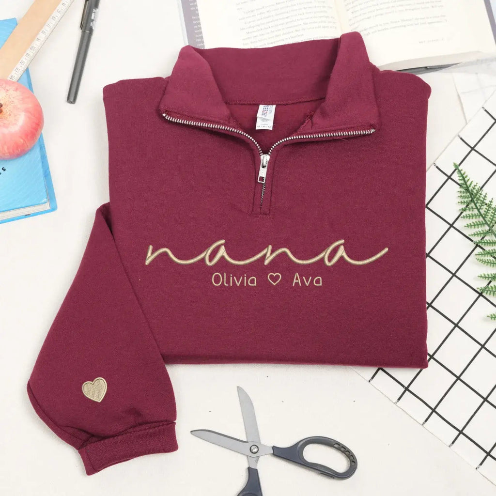 Custom Nana Quarter Zip Sweatshirt with Kids Name on Chest, Personalized Embroidered Gift for Nana Grandma Gigi