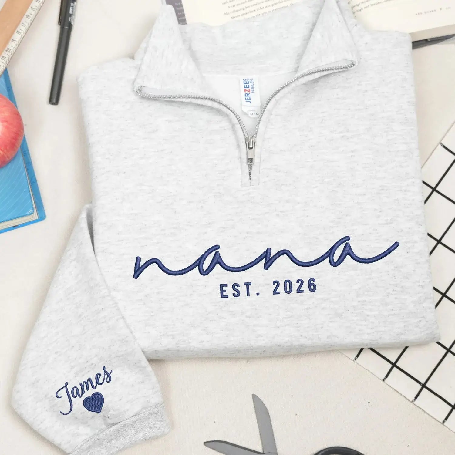 Custom Embroidered Nana Quarter Zip with Kids Name on Sleeve, Grandmother Mothers Day Gifts from Daughter