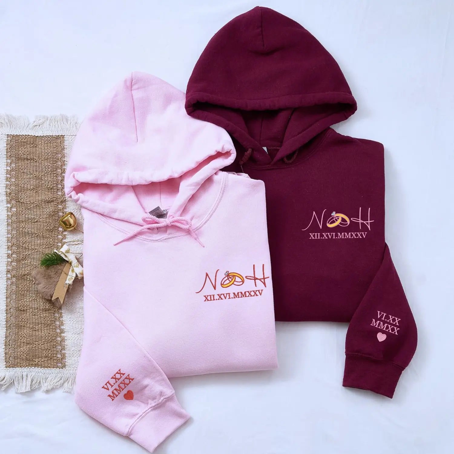 Custom Embroidered Roman Numerals with Ring Initials Sweatshirt or Hoodie, Personalized Gifts for Bride and Groom