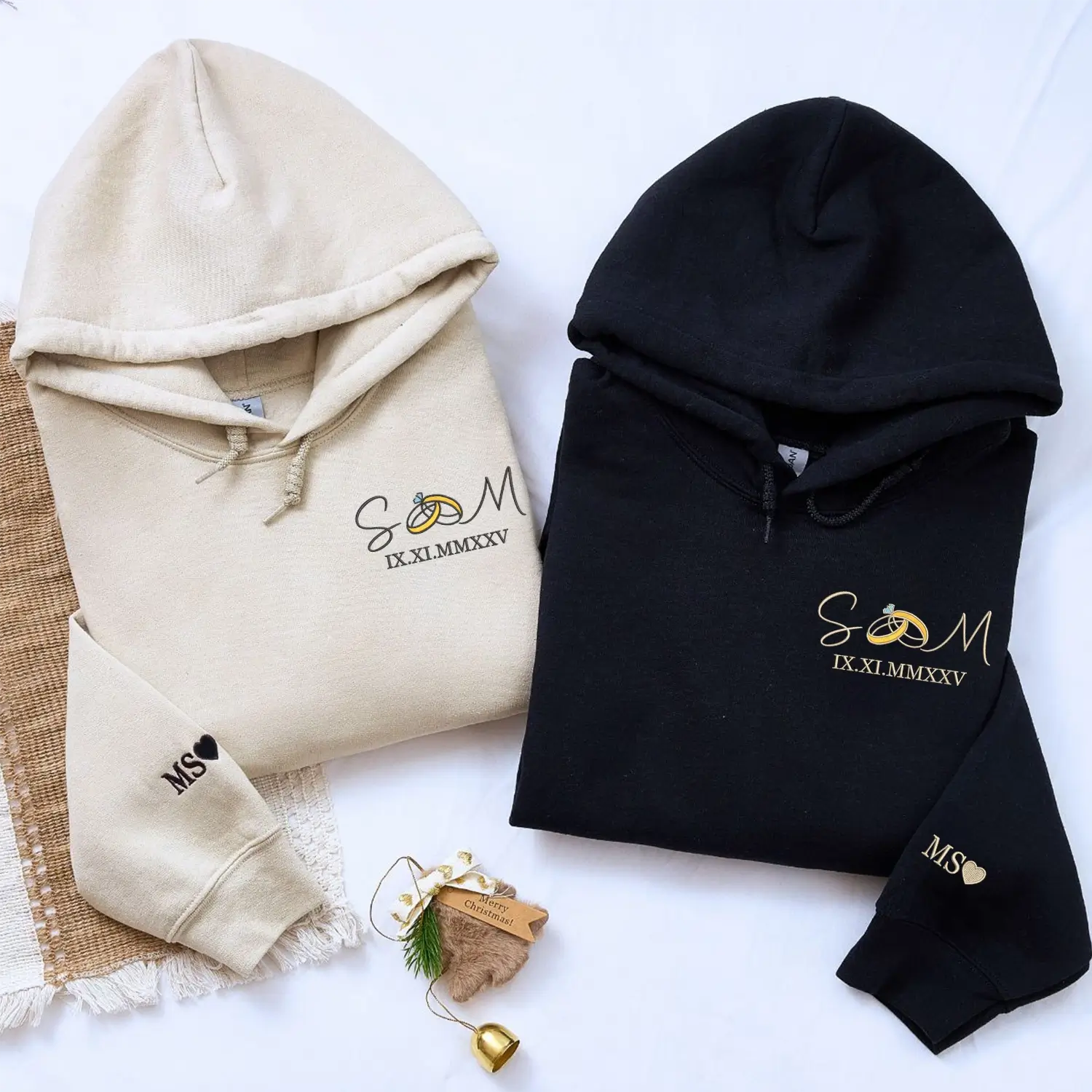 Custom Embroidered Roman Numerals with Ring Initials Sweatshirt or Hoodie, Personalized Gifts for Bride and Groom