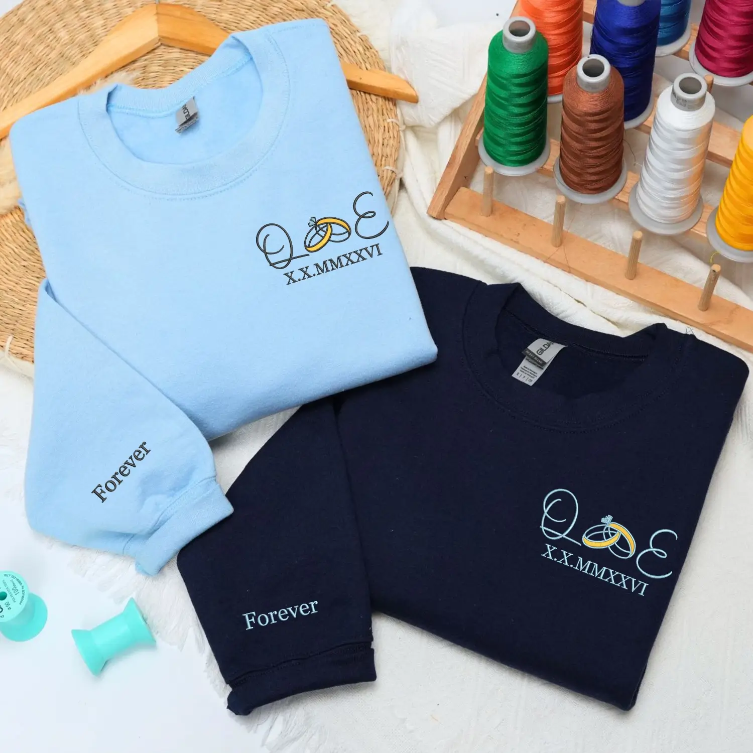 Custom Embroidered Roman Numerals with Ring Initials Sweatshirt or Hoodie, Personalized Gifts for Bride and Groom