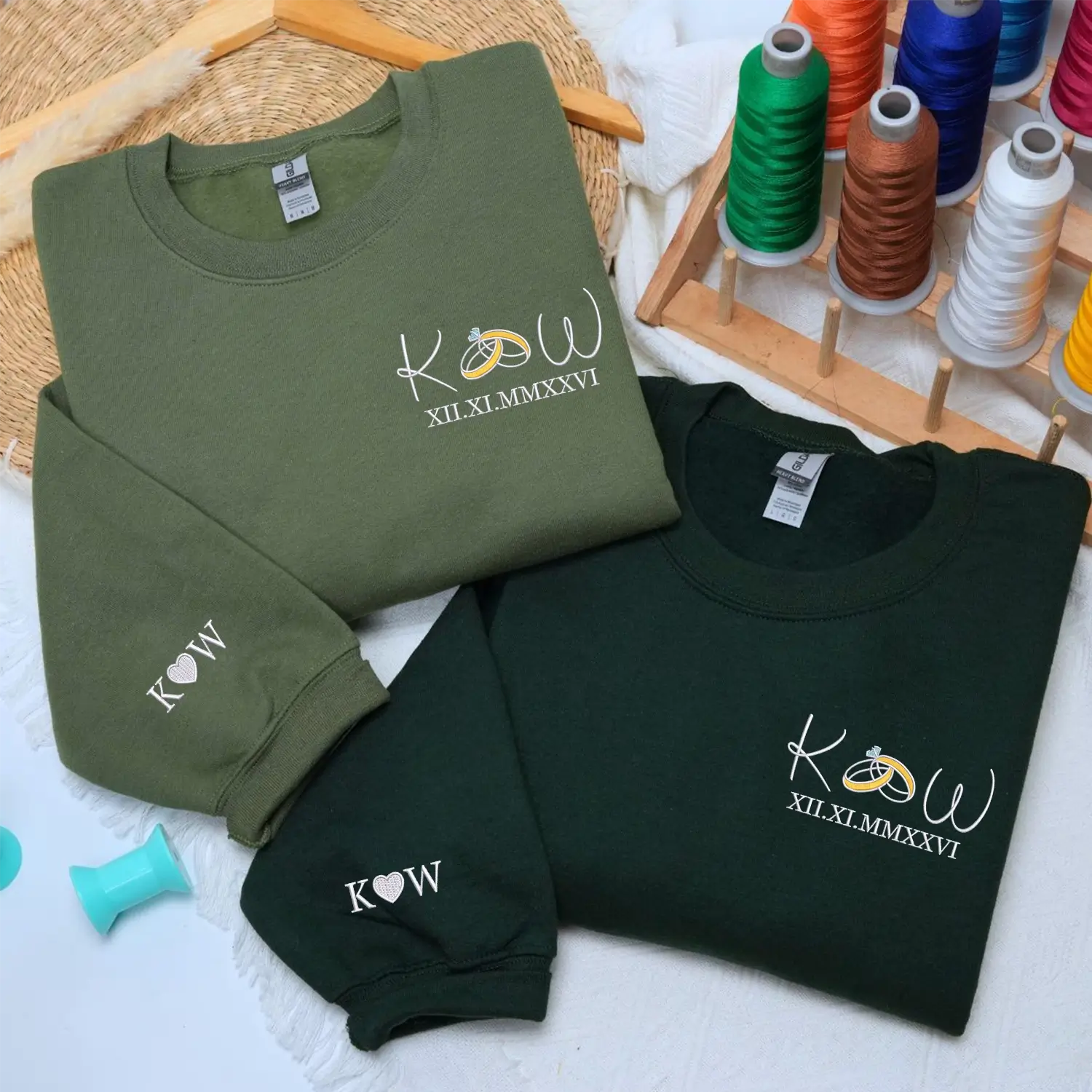 Custom Embroidered Roman Numerals with Ring Initials Sweatshirt or Hoodie, Personalized Gifts for Bride and Groom