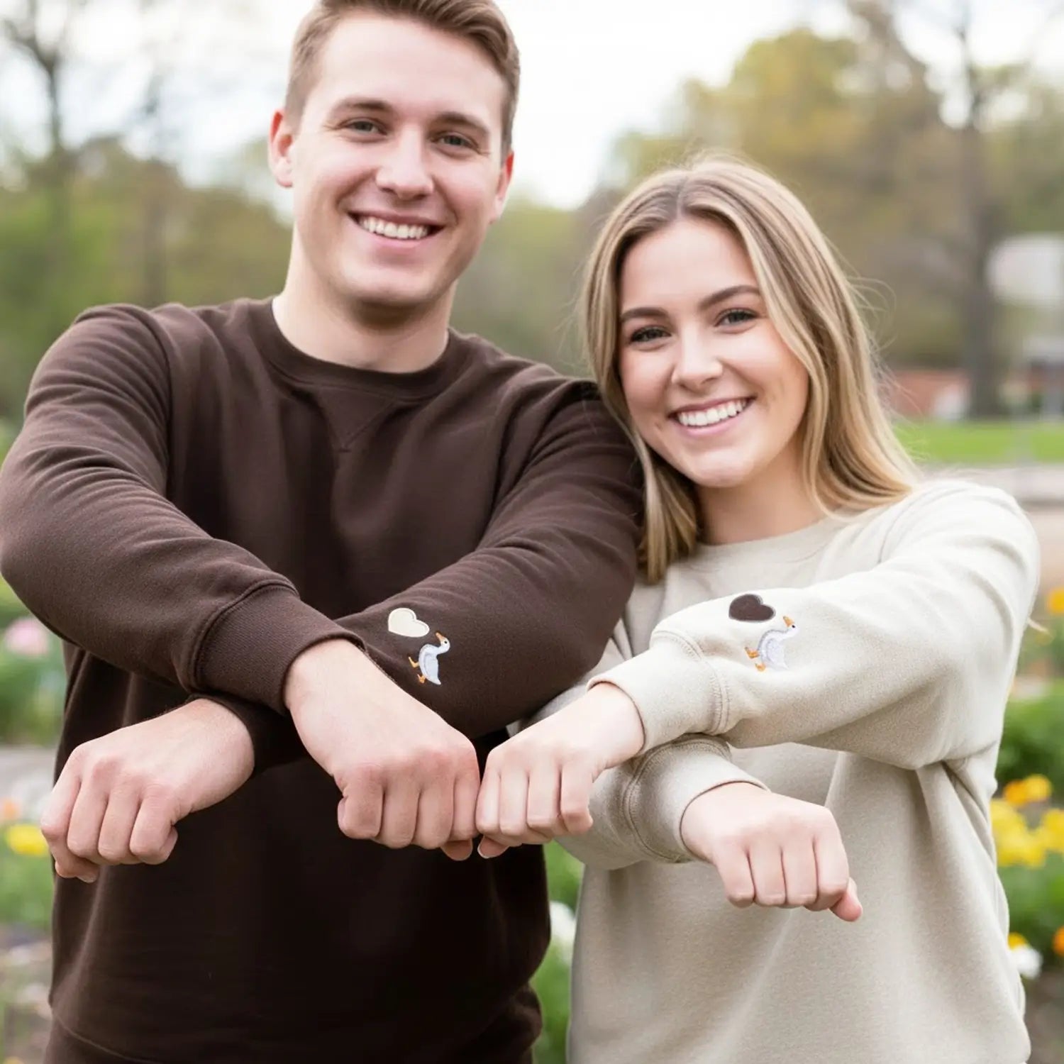 Custom Embroidered Heart Goose on Sleeve Sweatshirt or Hoodie, His and Hers Matching Outfits Gift