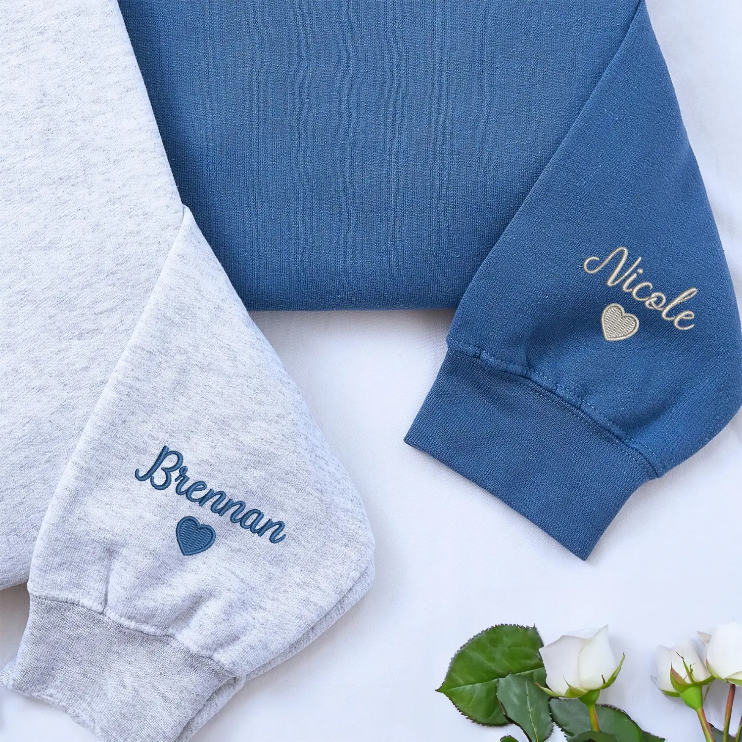 Custom Embroidered Heart Goose on Sleeve Sweatshirt or Hoodie, His and Hers Matching Outfits Gift