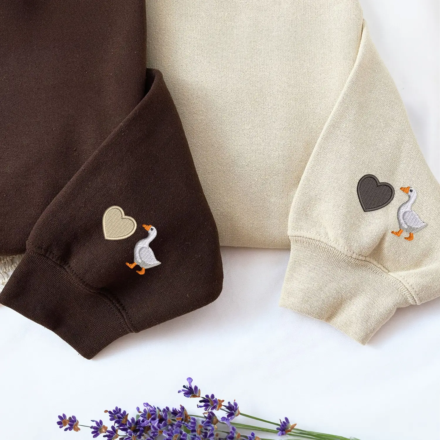 Custom Embroidered Heart Goose on Sleeve Sweatshirt or Hoodie, His and Hers Matching Outfits Gift