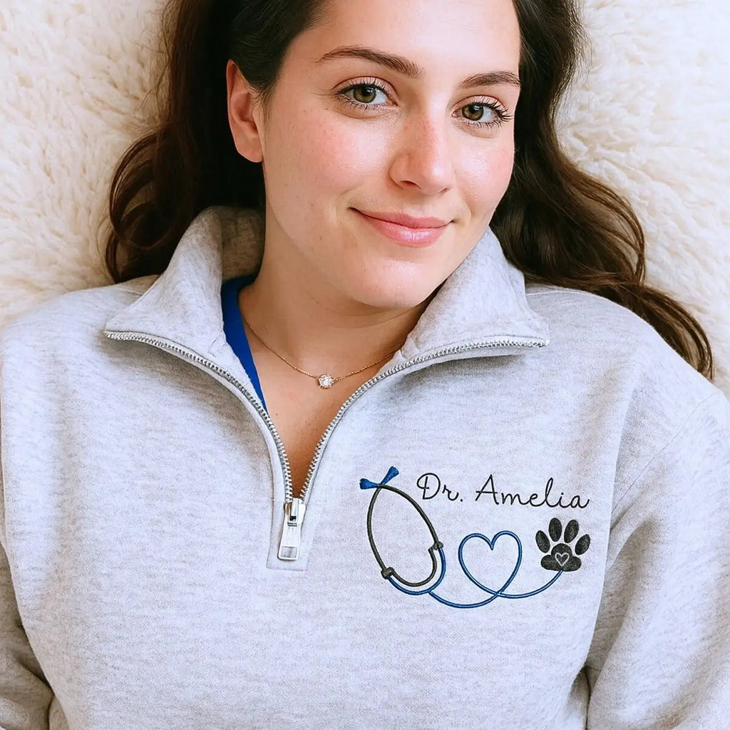 Custom Embroidered Vet Tech Quarter Sweatshirt with Name on Chest, Vet Tech Gifts