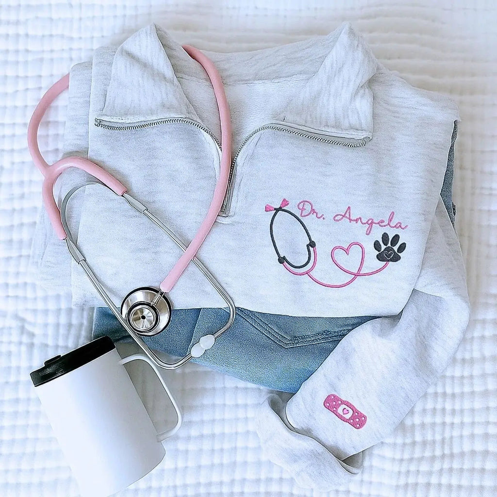 Custom Embroidered Vet Tech Quarter Sweatshirt with Name on Chest, Vet Tech Gifts