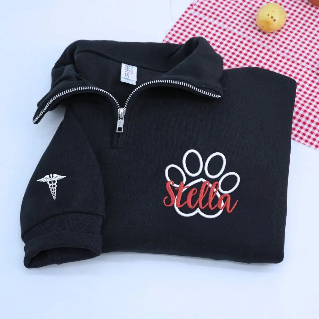 Custom Veterinarian Embroidered Quarter Zip Sweatshirt with Paw and Name on Chest, Veterinarian Graduation Gifts