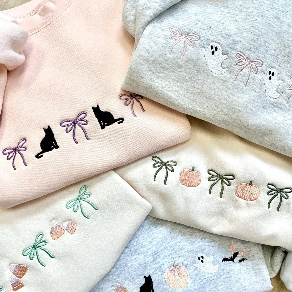 Embroidered Coquette Halloween Sweatshirt – Cute Spooky Season Crewneck with Bow, Autumn Gift for Her
