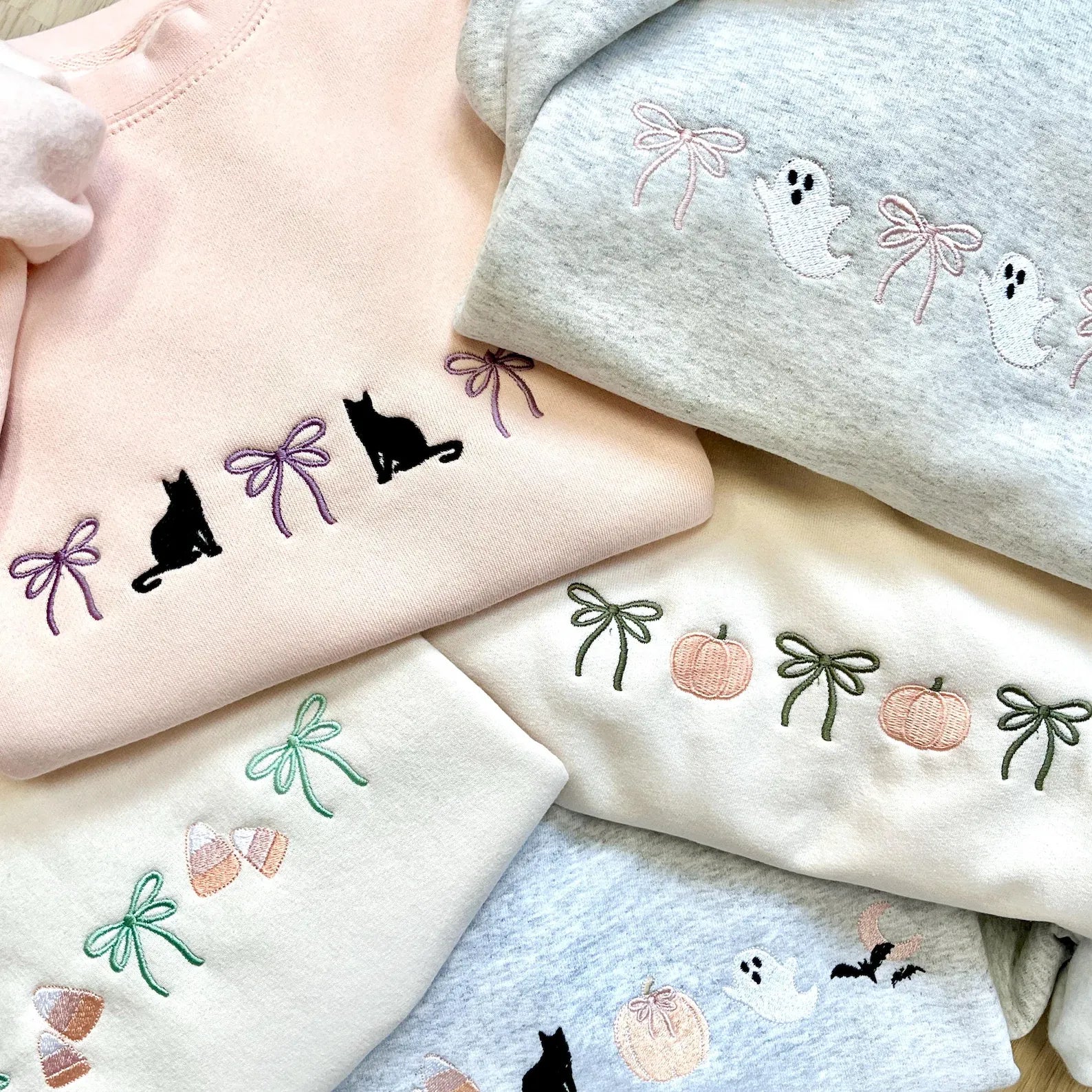 Embroidered Coquette Halloween Sweatshirt – Cute Spooky Season Crewneck with Bow, Autumn Gift for Her