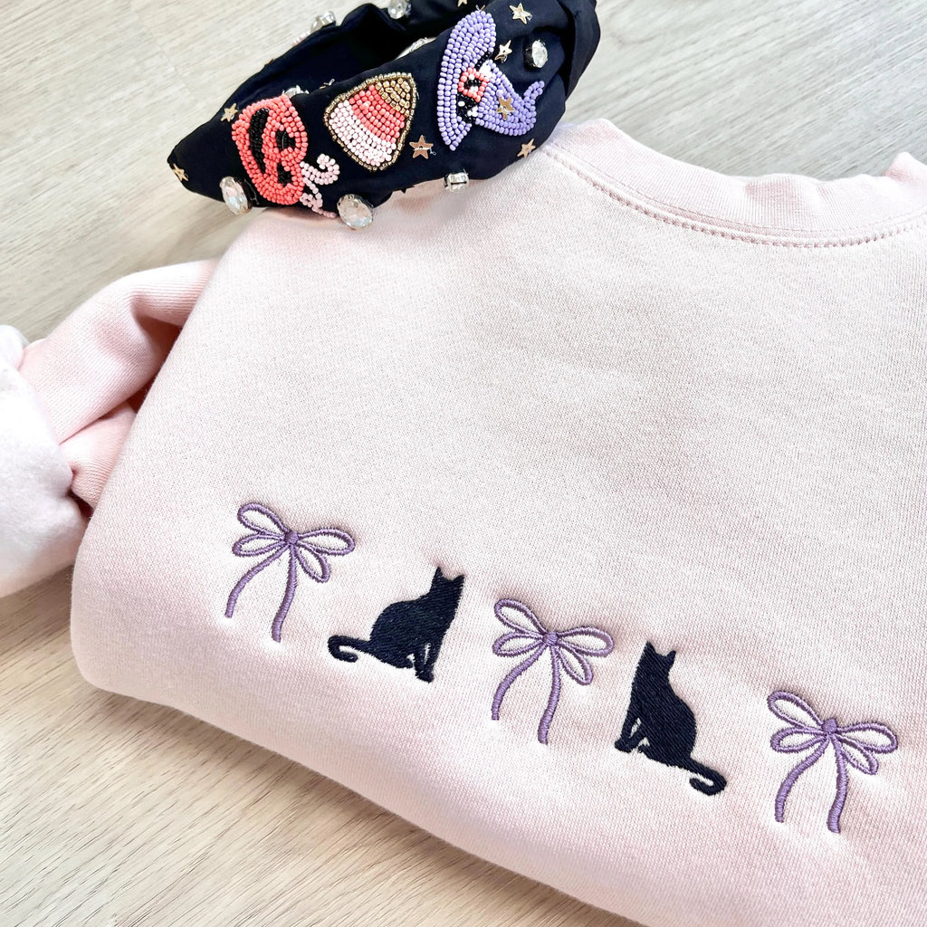 Embroidered Coquette Halloween Sweatshirt – Cute Spooky Season Crewneck with Bow, Autumn Gift for Her