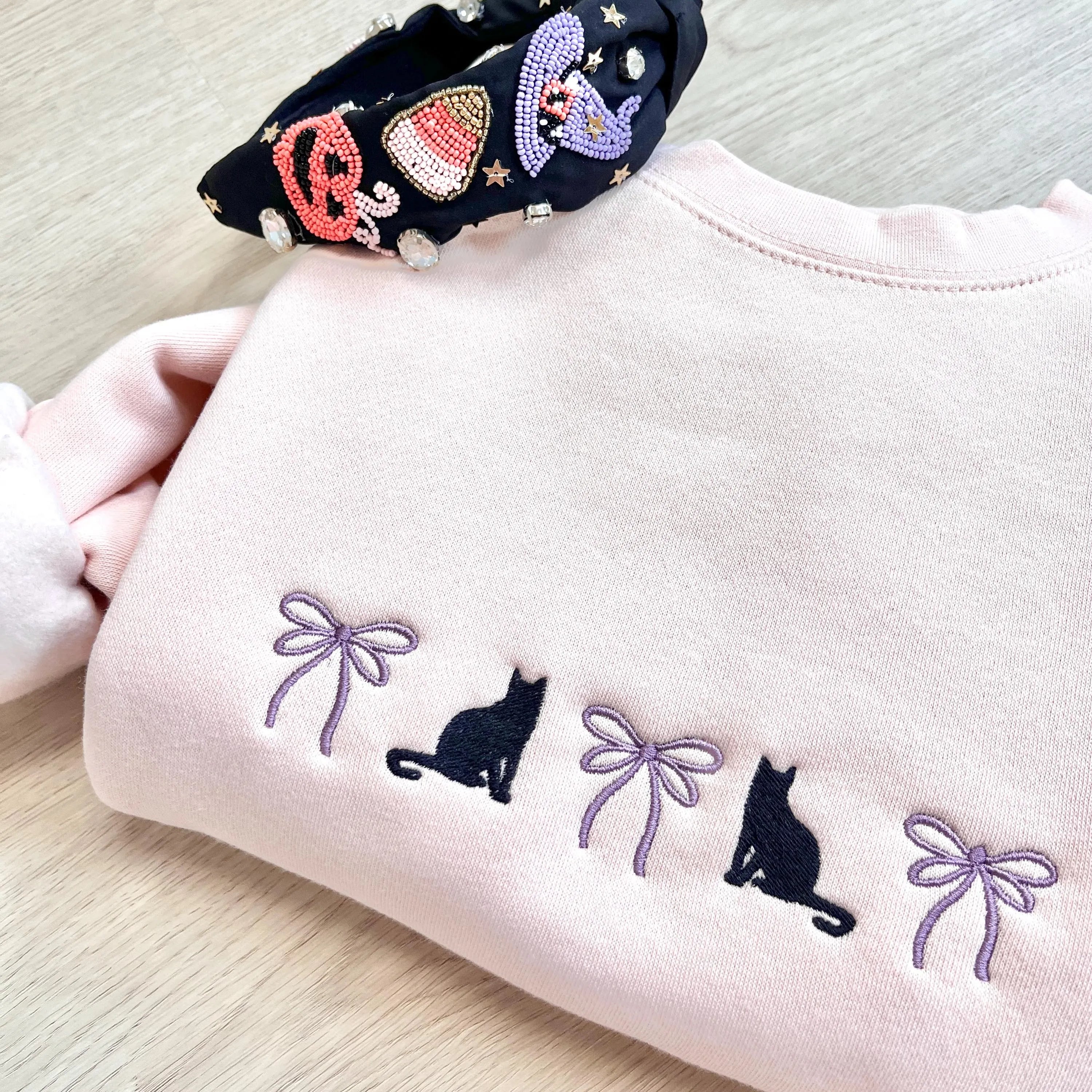 Embroidered Coquette Halloween Sweatshirt – Cute Spooky Season Crewneck with Bow, Autumn Gift for Her