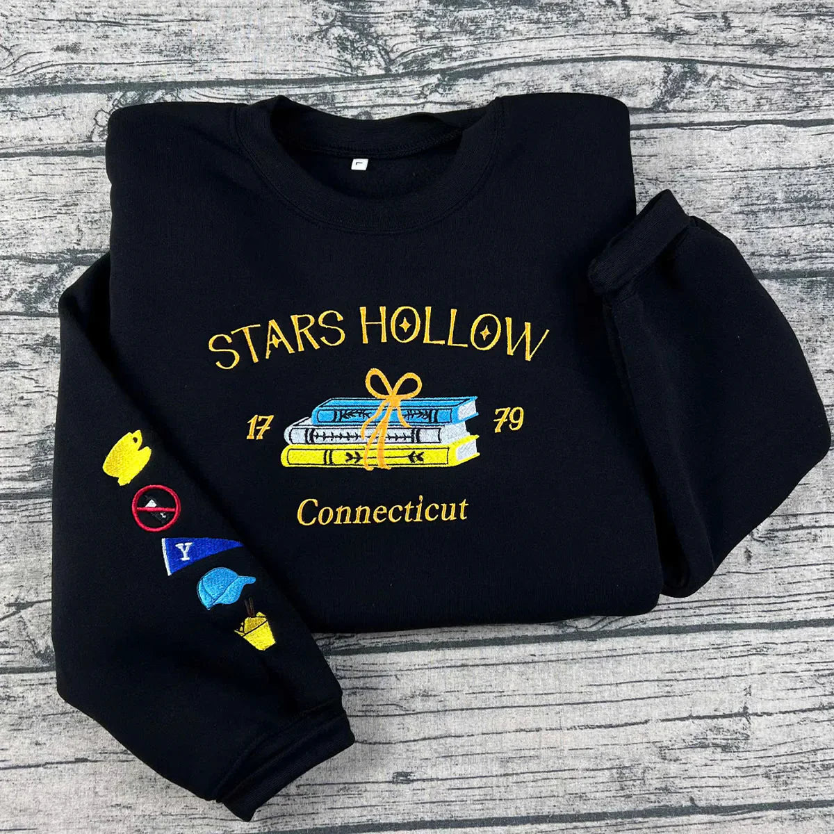 Embroidered Stars Hollow Sweatshirt – Bookish Connecticut Crewneck for Fall, Halloween & Thanksgiving