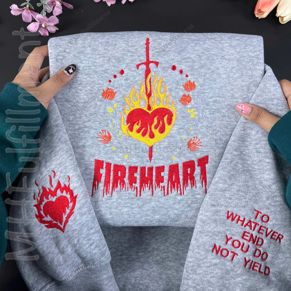 Fireheart Embroidered Sweatshirt – Throne of Glass Hoodie – To Whatever End – You Do Not Yield – Bookish Gift for SJM Fans