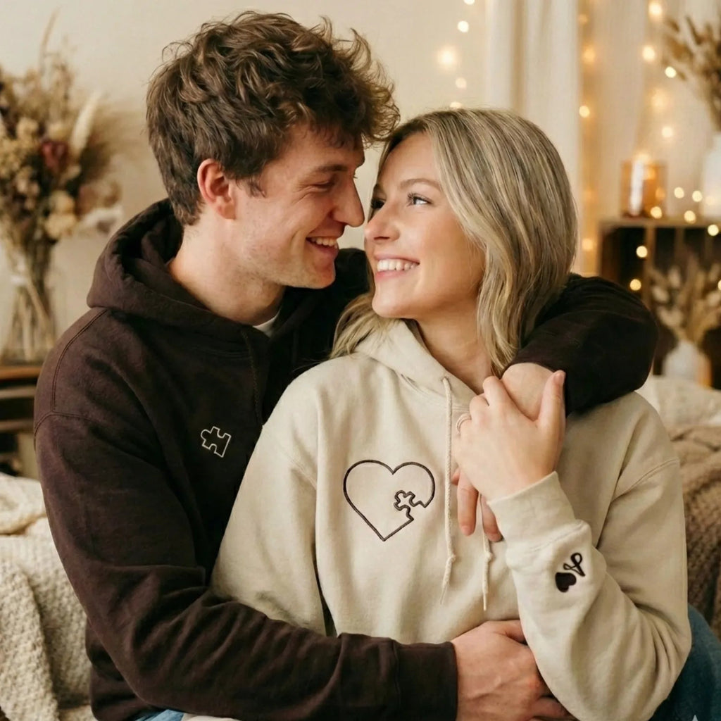 Heart Puzzle Hoodie or Sweatshirt, Custom Embroidered Valentine Gift For Wife Husband