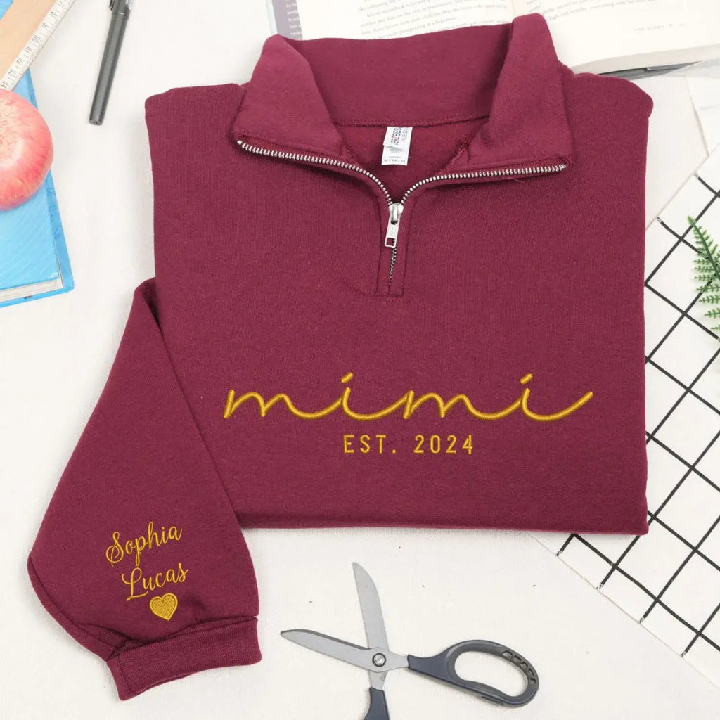 Custom Embroidered Mimi Quarter Zip Sweatshirt with Kids Name, Personalized Gift for Mimi from Grandkids