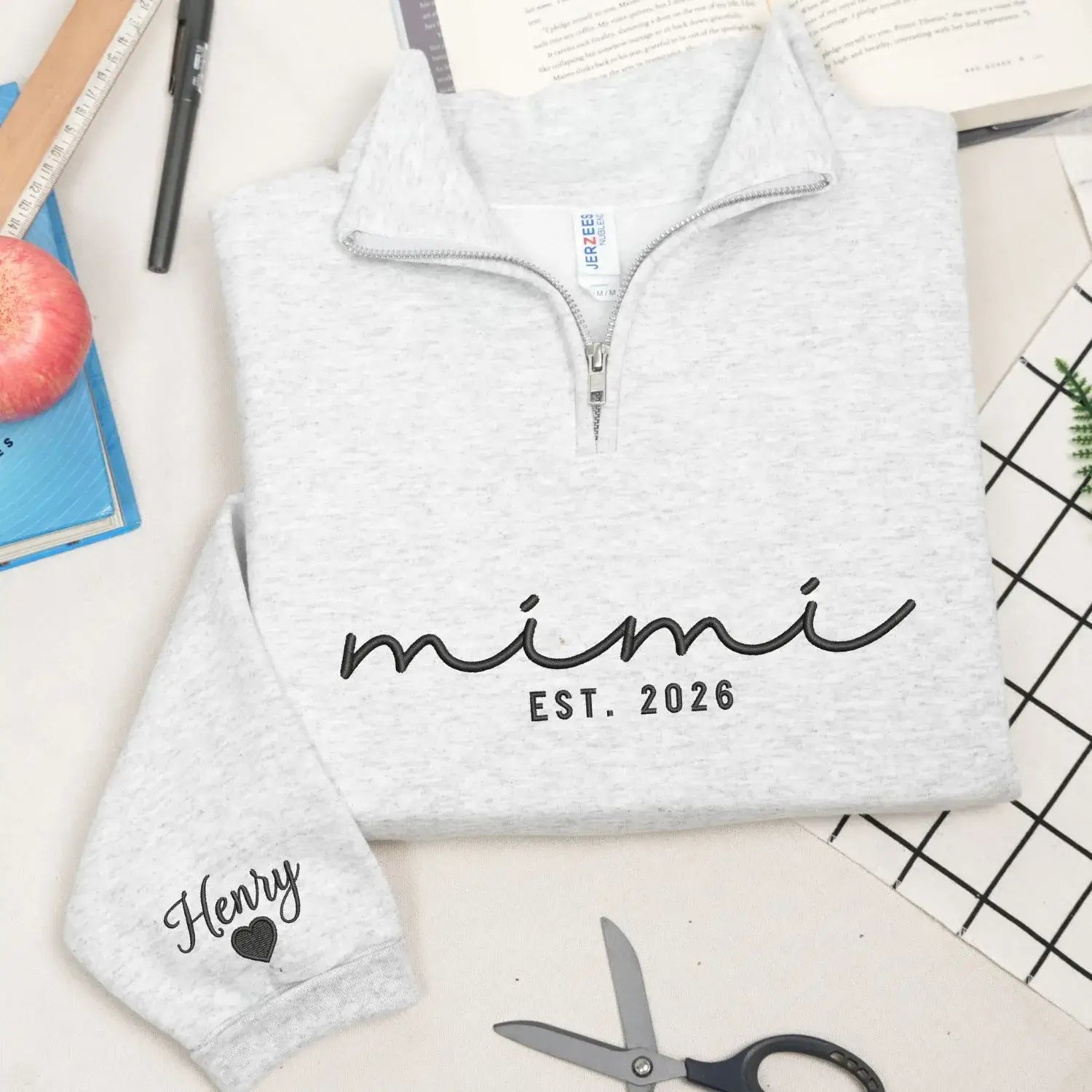 Custom Embroidered Mimi Quarter Zip Sweatshirt with Kids Name, Personalized Gift for Mimi from Grandkids
