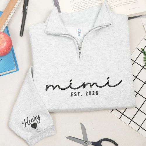 Custom Embroidered Mimi Quarter Zip Sweatshirt with Kids Name, Personalized Gift for Mimi from Grandkids