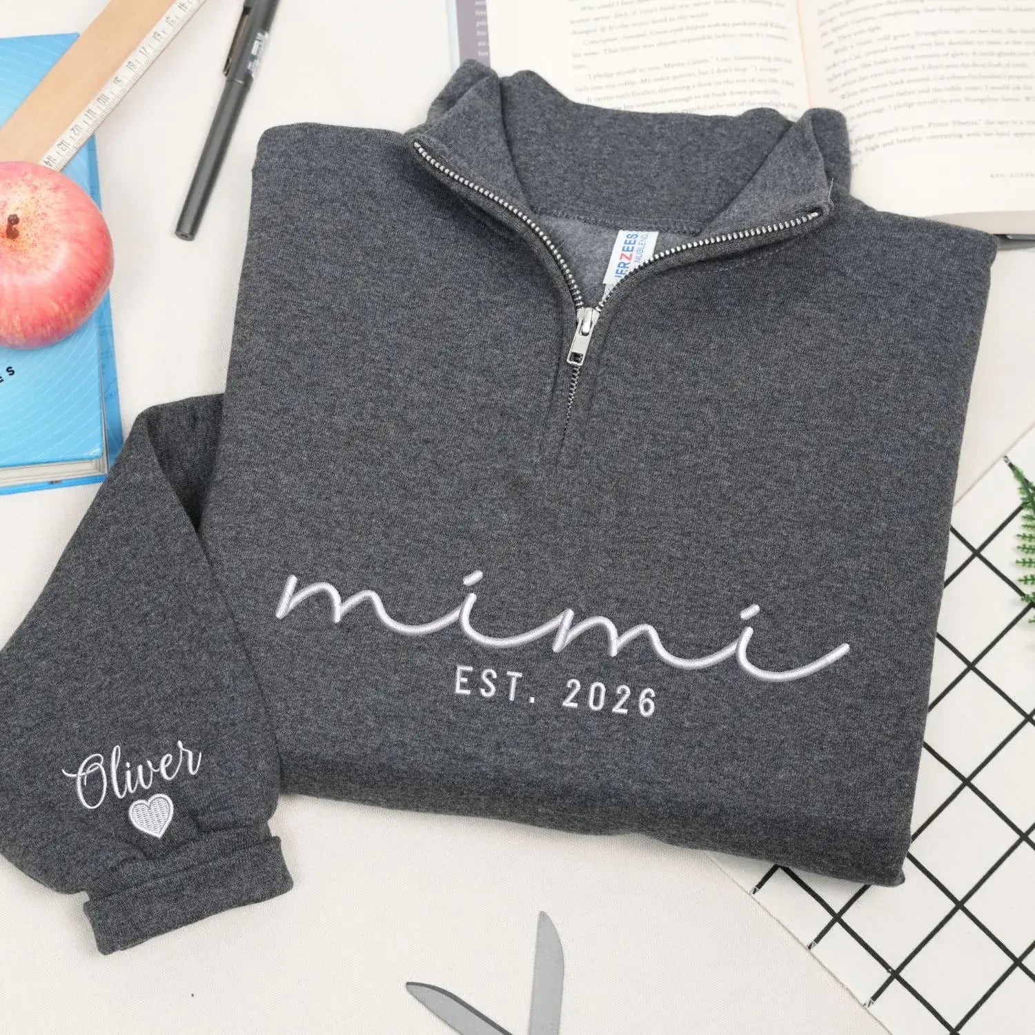 Custom Embroidered Mimi Quarter Zip Sweatshirt with Kids Name, Personalized Gift for Mimi from Grandkids