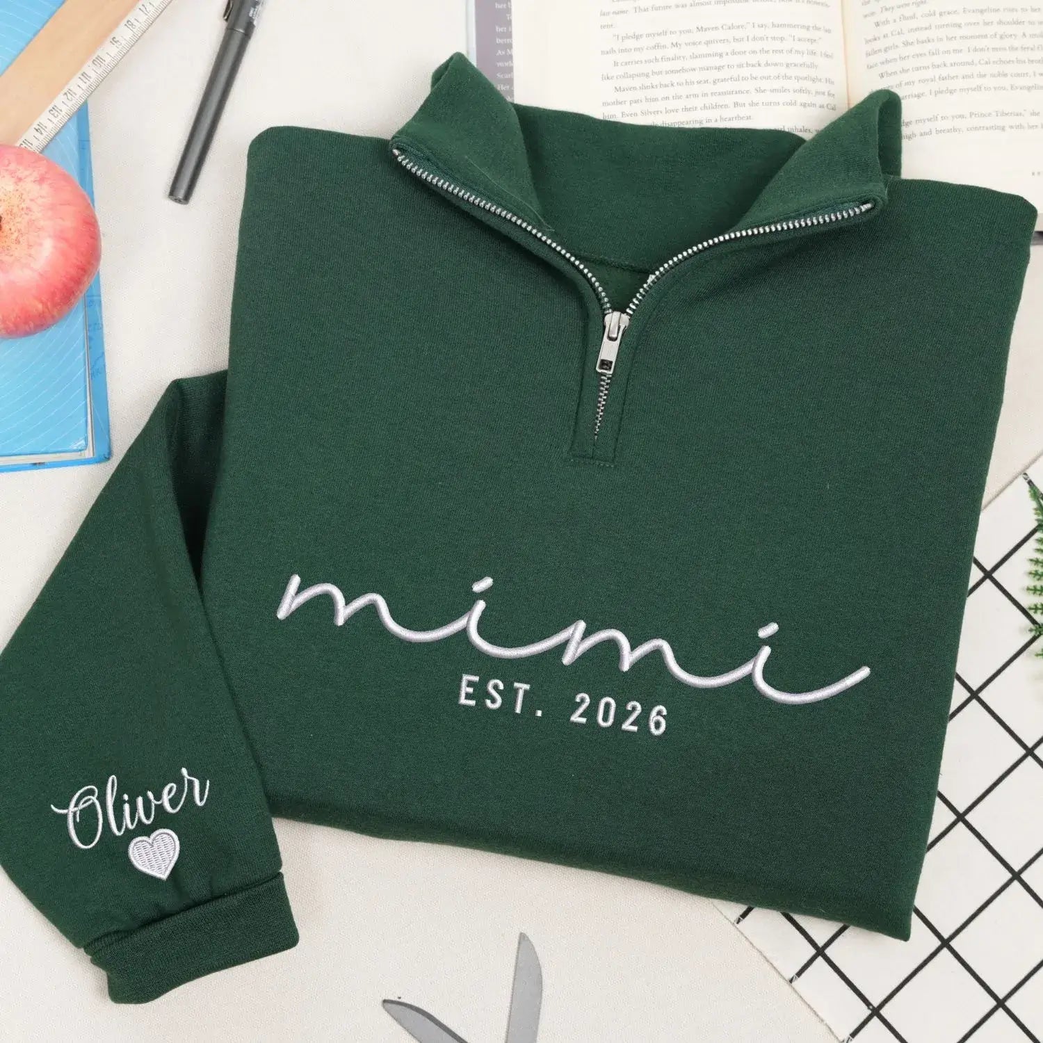 Custom Embroidered Mimi Quarter Zip Sweatshirt with Kids Name, Personalized Gift for Mimi from Grandkids