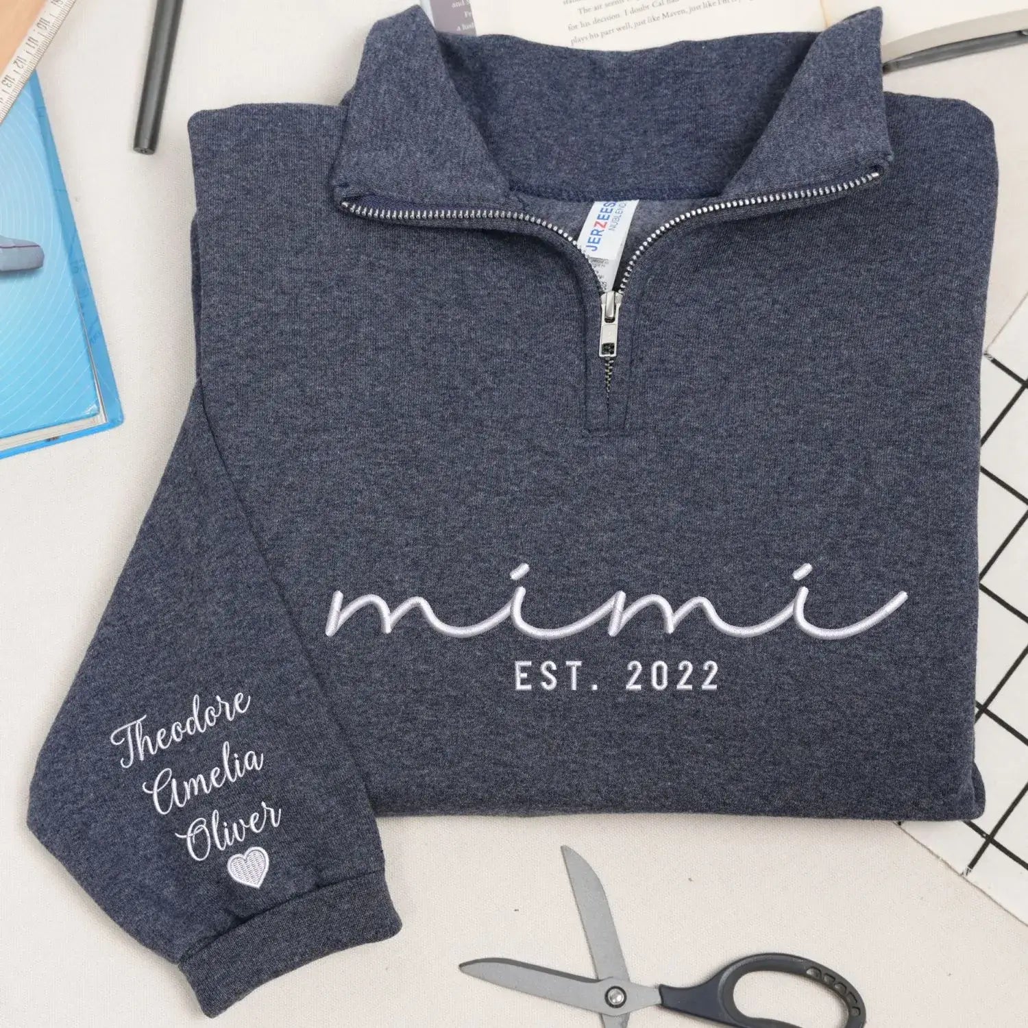 Custom Embroidered Mimi Quarter Zip Sweatshirt with Kids Name, Personalized Gift for Mimi from Grandkids