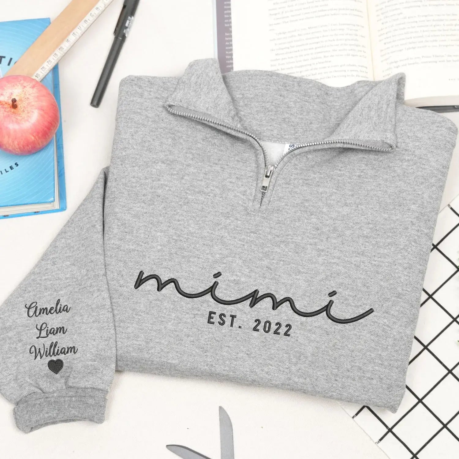Custom Embroidered Mimi Quarter Zip Sweatshirt with Kids Name, Personalized Gift for Mimi from Grandkids