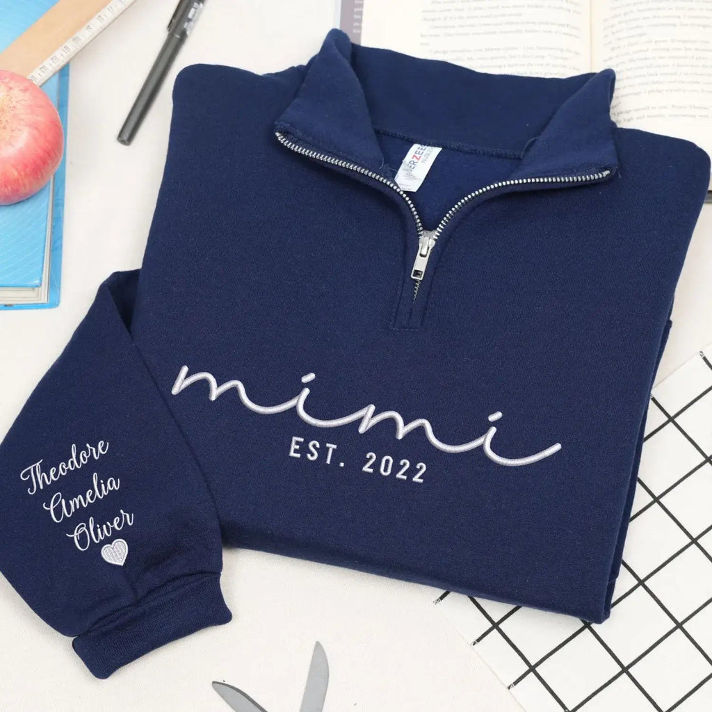 Custom Embroidered Mimi Quarter Zip Sweatshirt with Kids Name, Personalized Gift for Mimi from Grandkids