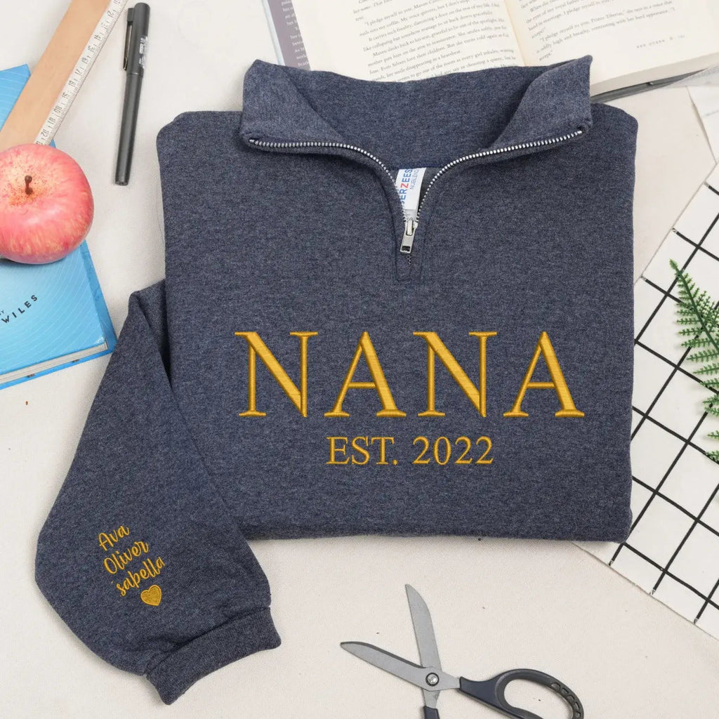Custom Embroidered Nana Quarter Zip Sweatshirt with Kids Name, Personalized Gift for New Grandma from Daughter