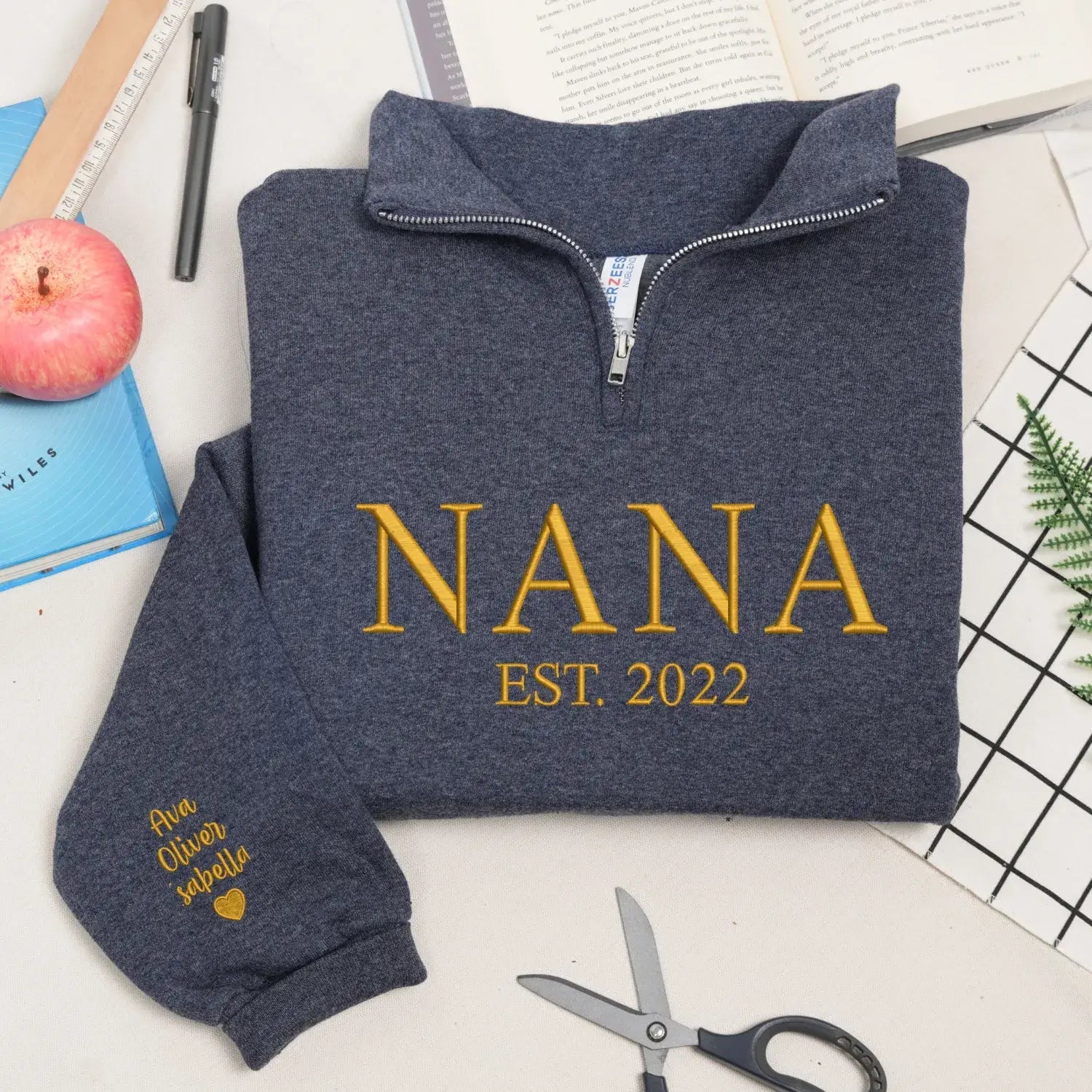 Custom Embroidered Nana Quarter Zip Sweatshirt with Kids Name, Personalized Gift for New Grandma from Daughter