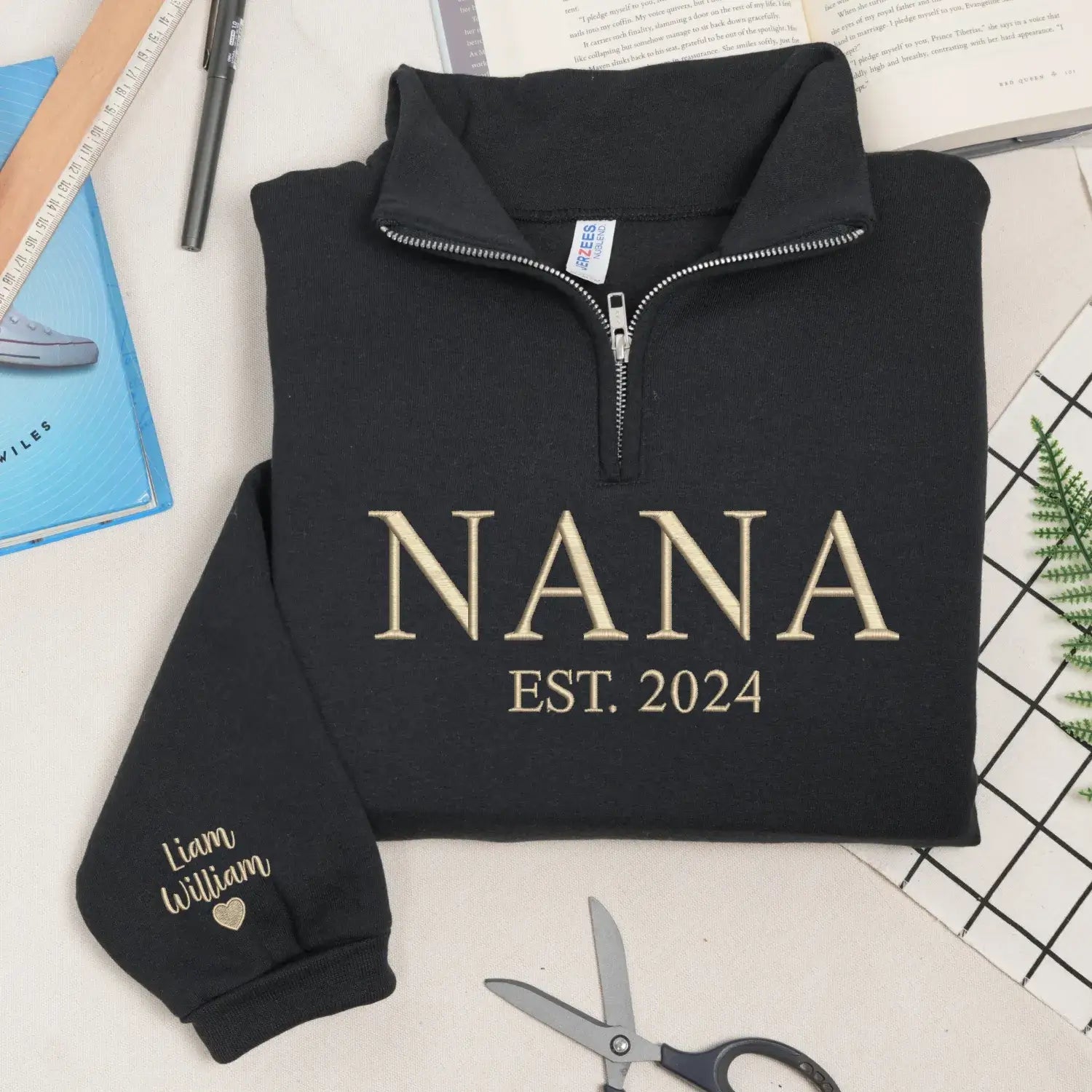 Custom Embroidered Nana Quarter Zip Sweatshirt with Kids Name, Personalized Gift for New Grandma from Daughter
