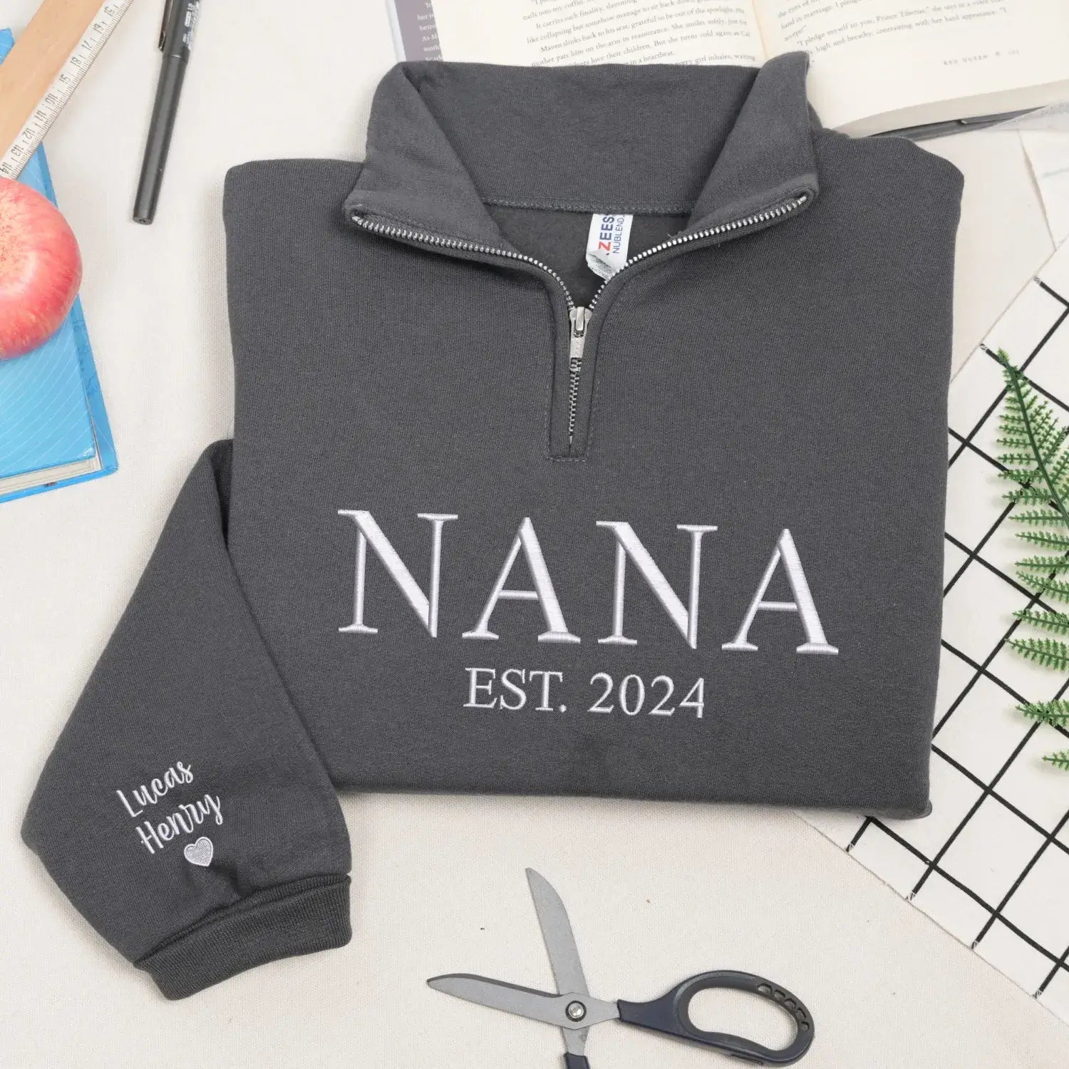 Custom Embroidered Nana Quarter Zip Sweatshirt with Kids Name, Personalized Gift for New Grandma from Daughter