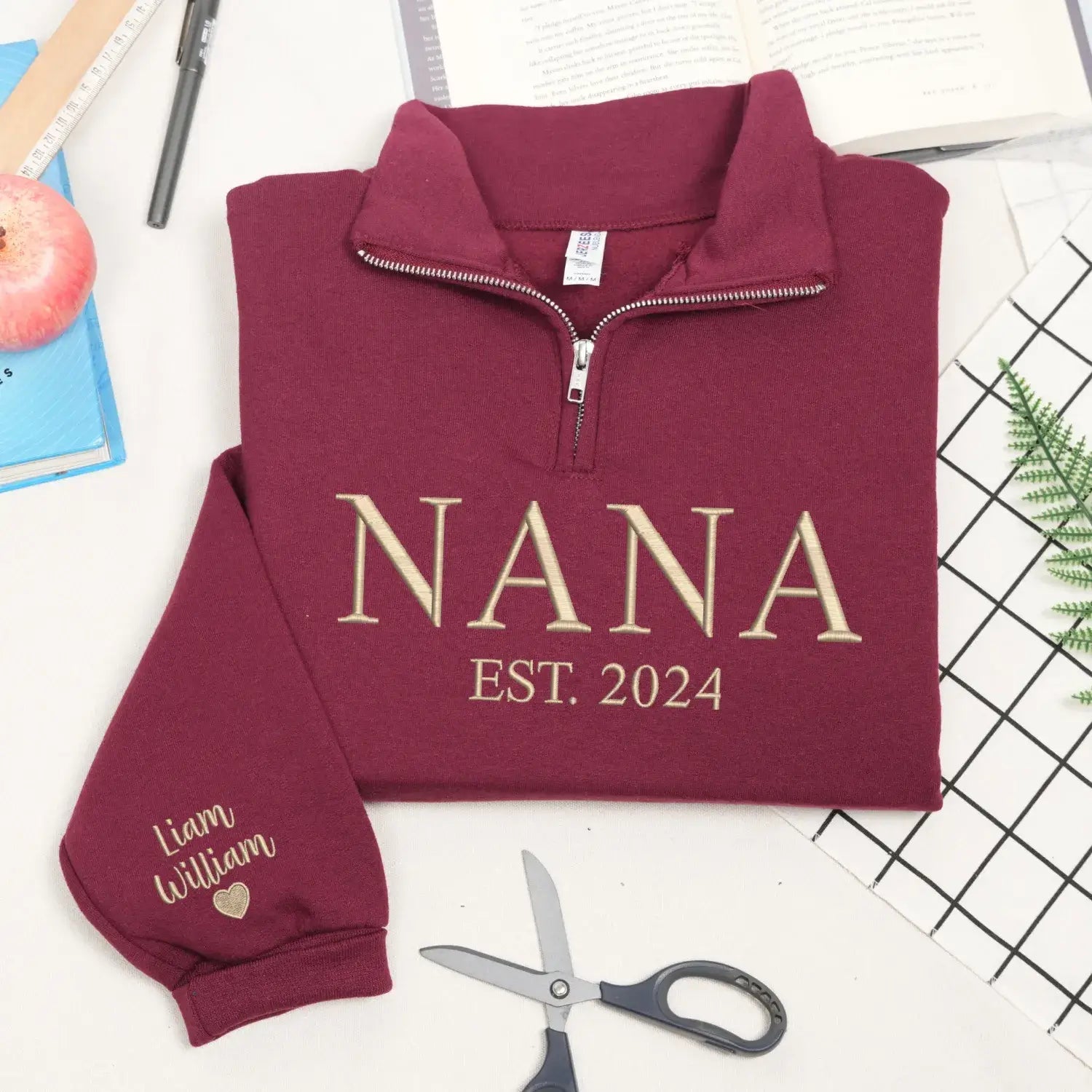 Custom Embroidered Nana Quarter Zip Sweatshirt with Kids Name, Personalized Gift for New Grandma from Daughter
