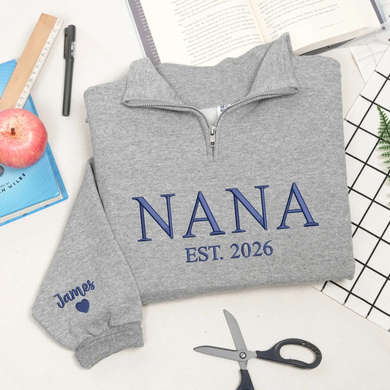 Custom Embroidered Nana Quarter Zip Sweatshirt with Kids Name, Personalized Gift for New Grandma from Daughter